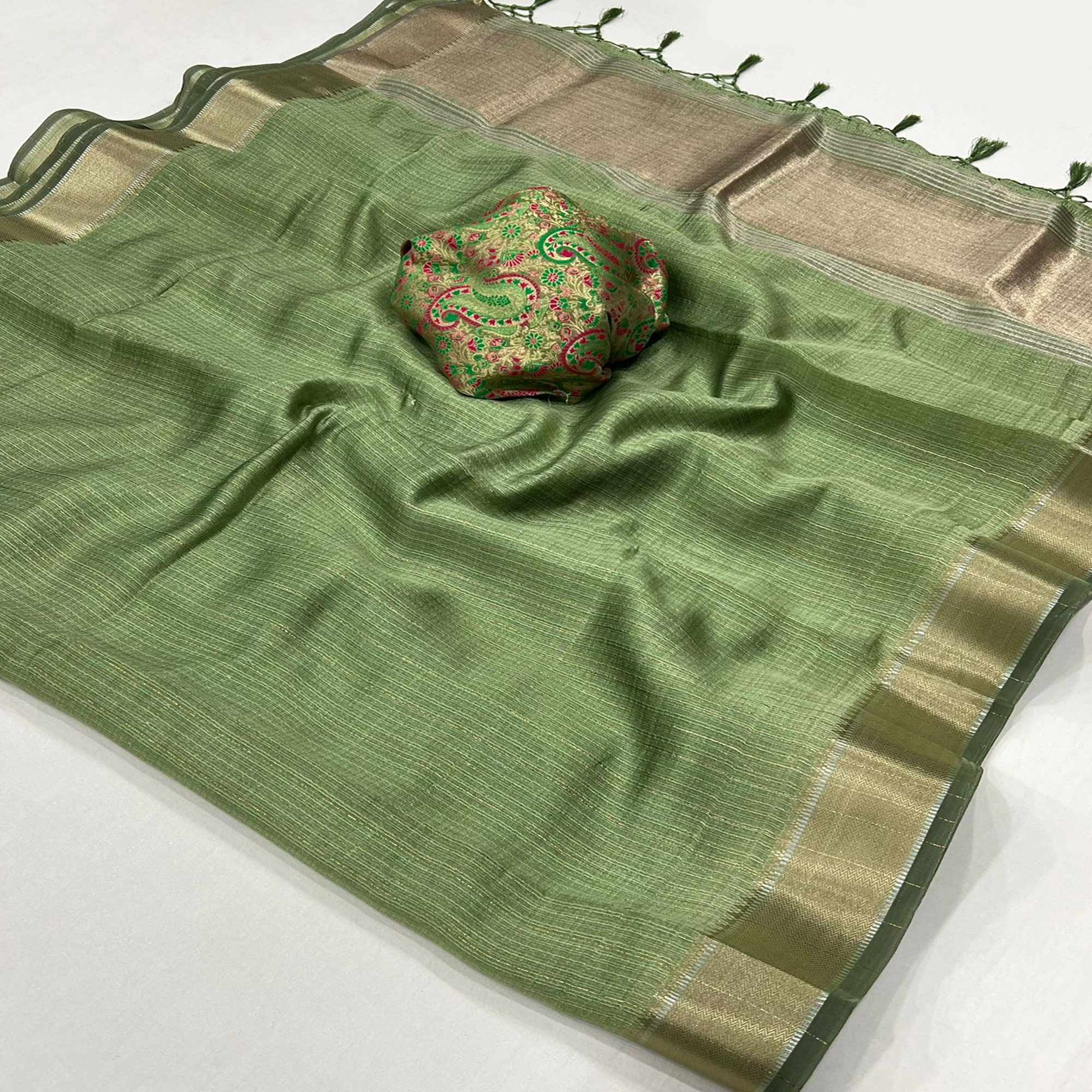 Green Handloom Woven Chiffon Saree