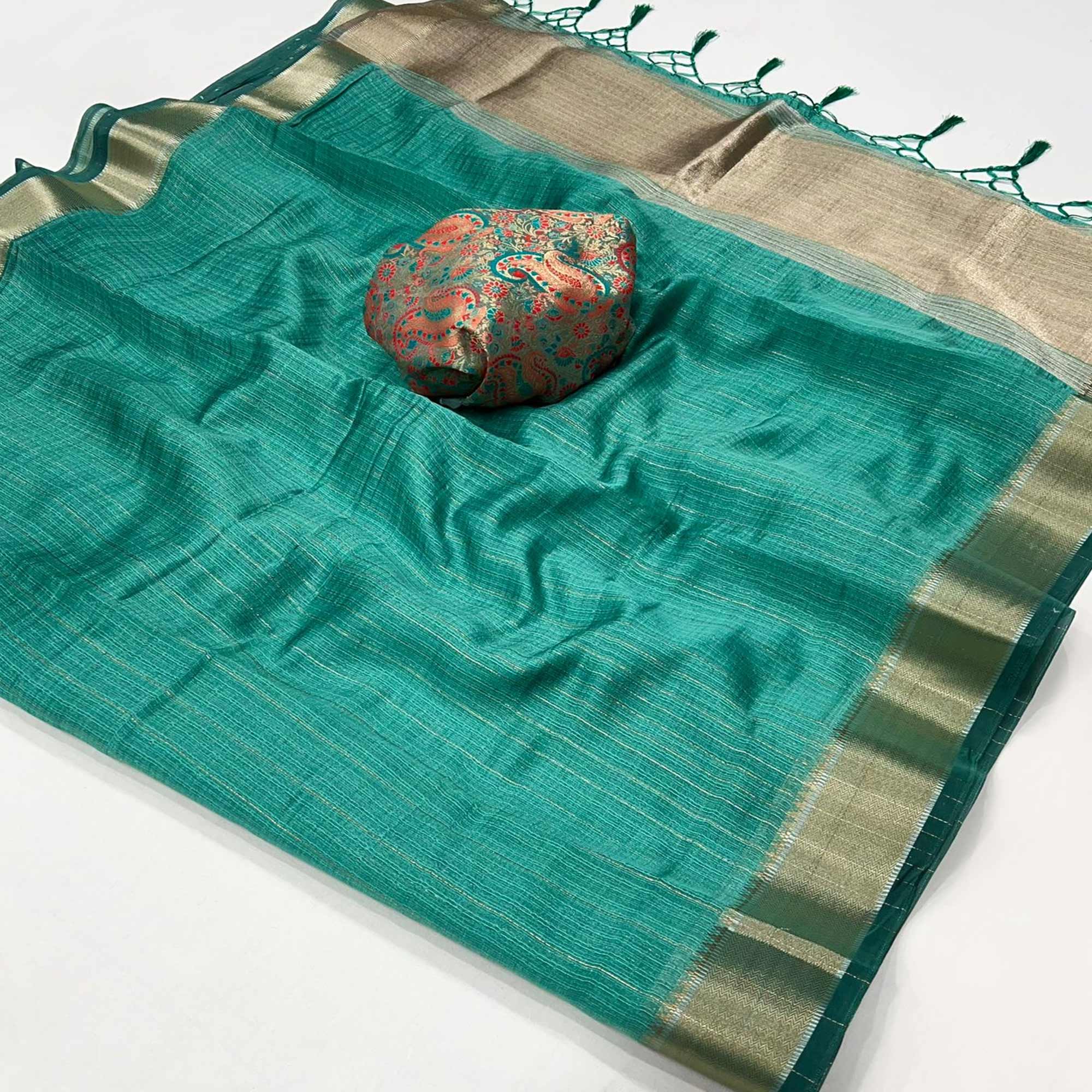 Rama Green Handloom Woven Chiffon Saree