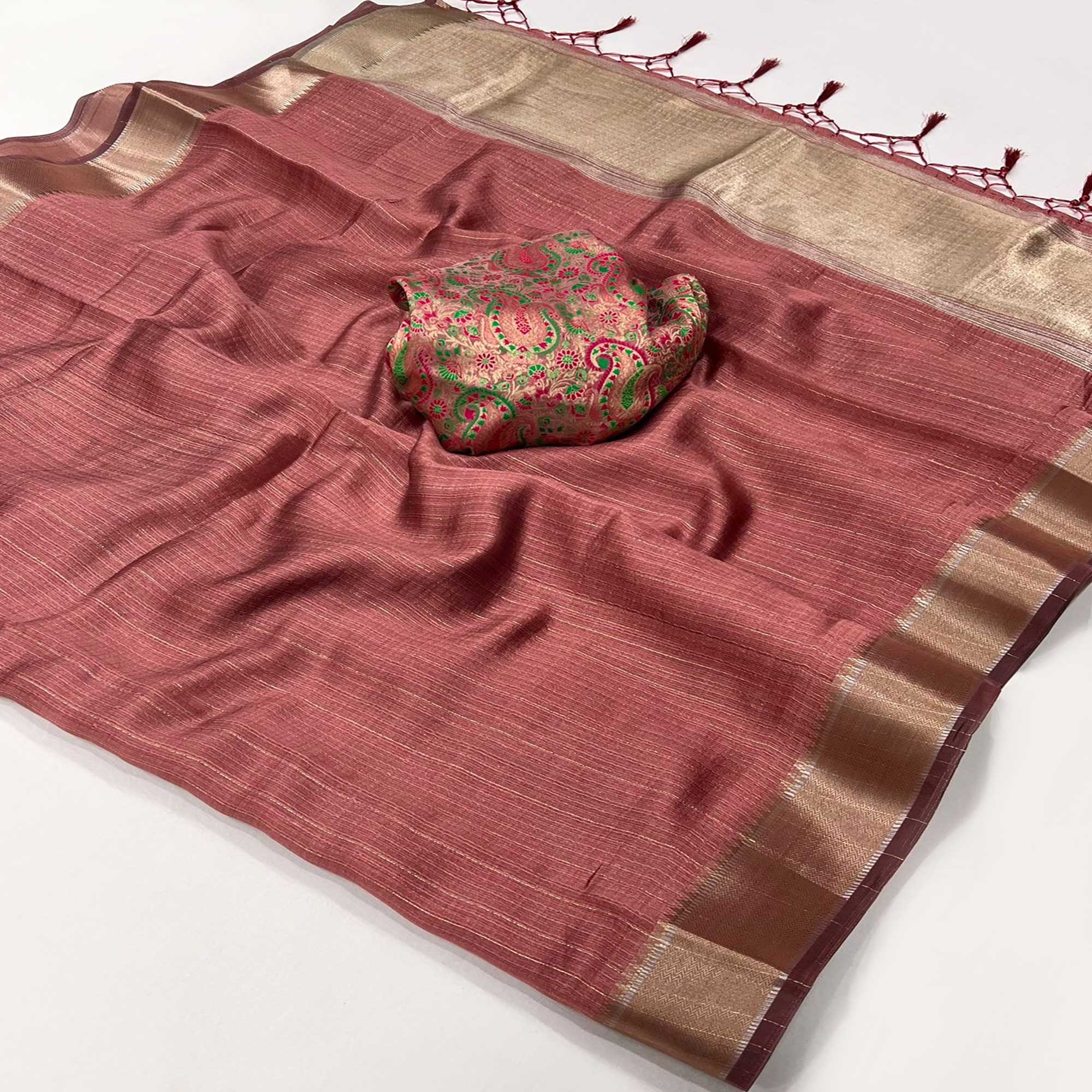 Rust Handloom Woven Chiffon Saree