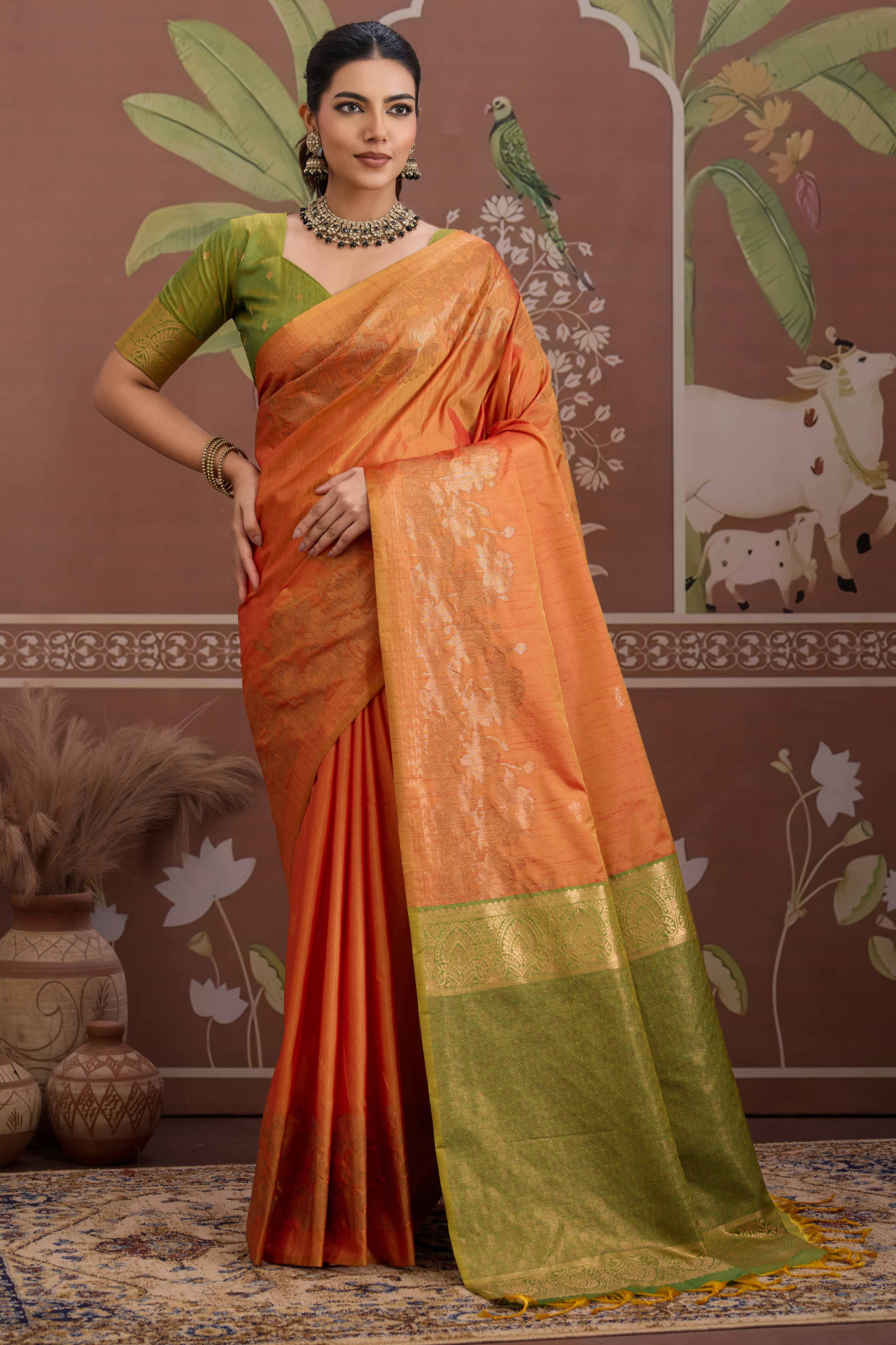 Luxury Orange Pichwai Style Saree in Silk Blend with Intricate Zari Work