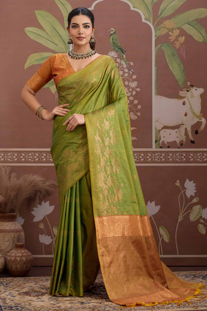 Luxury Lime Green Pichwai Style Saree in Silk Blend with Intricate Zari Work