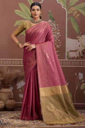 Luxury Pink Pichwai Style Saree in Silk Blend with Intricate Zari Work