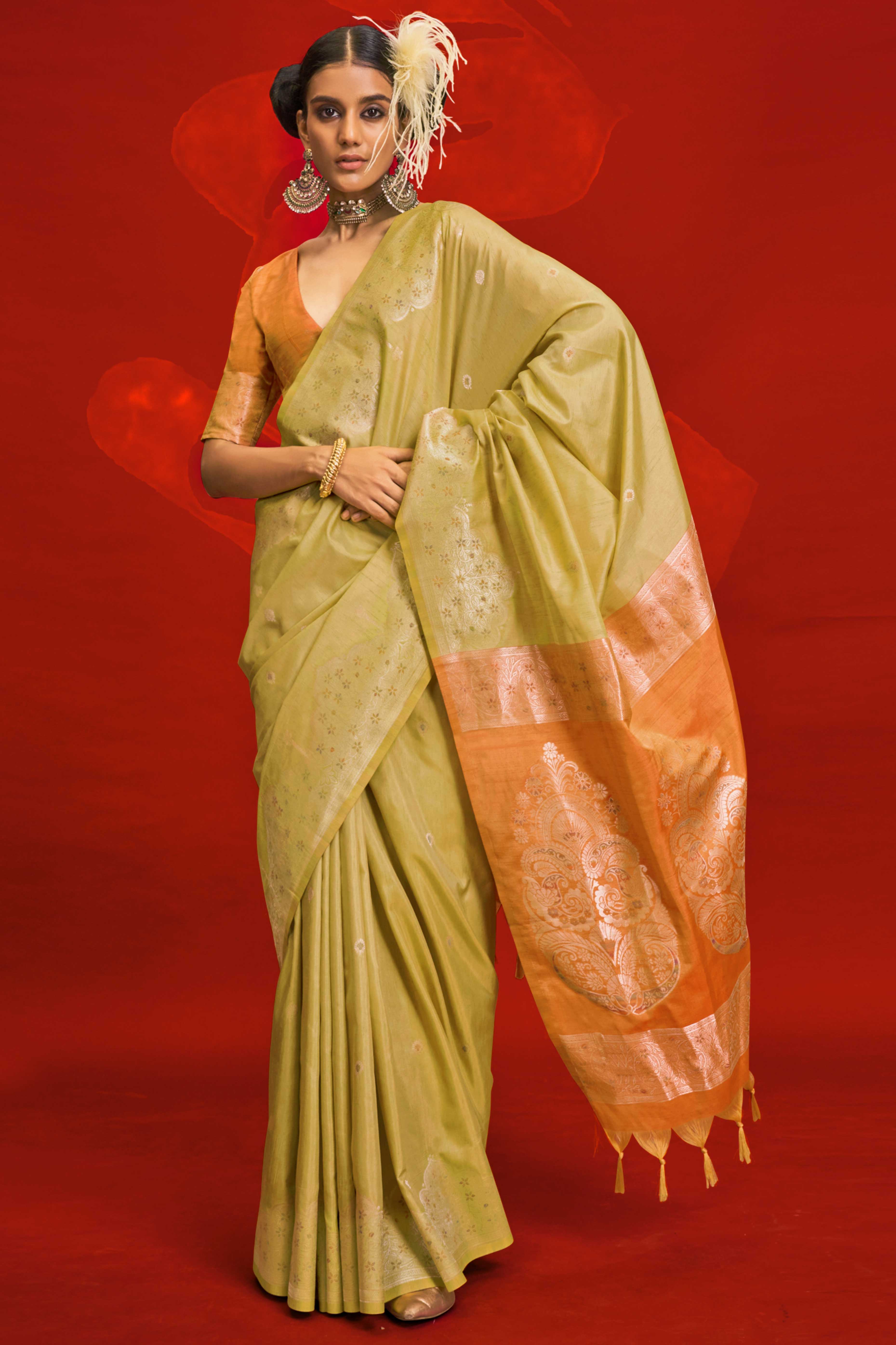 Beige Floral Zari Woven Tussar Silk Saree