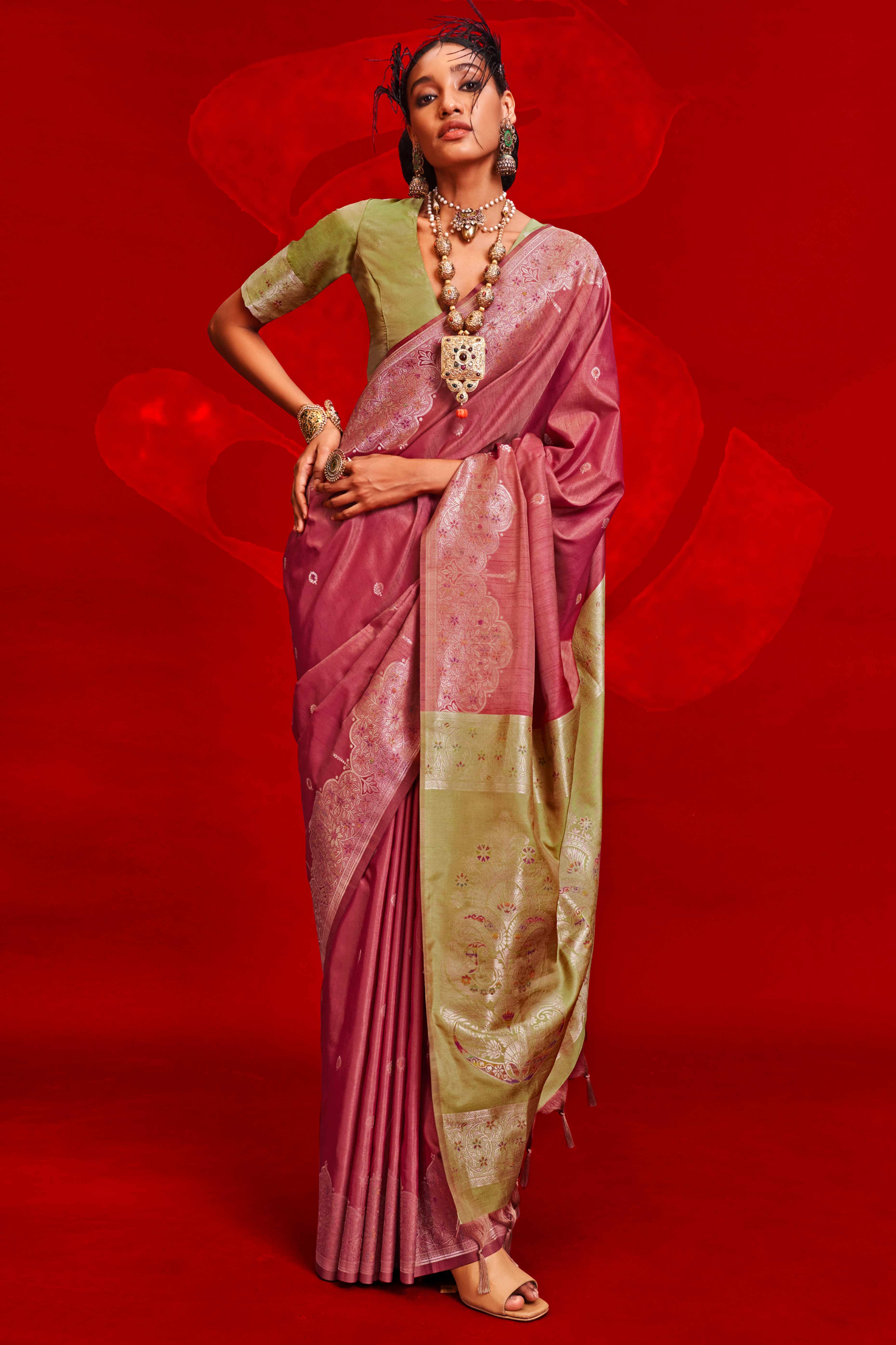 Pink Floral Zari Woven Tussar Silk Saree
