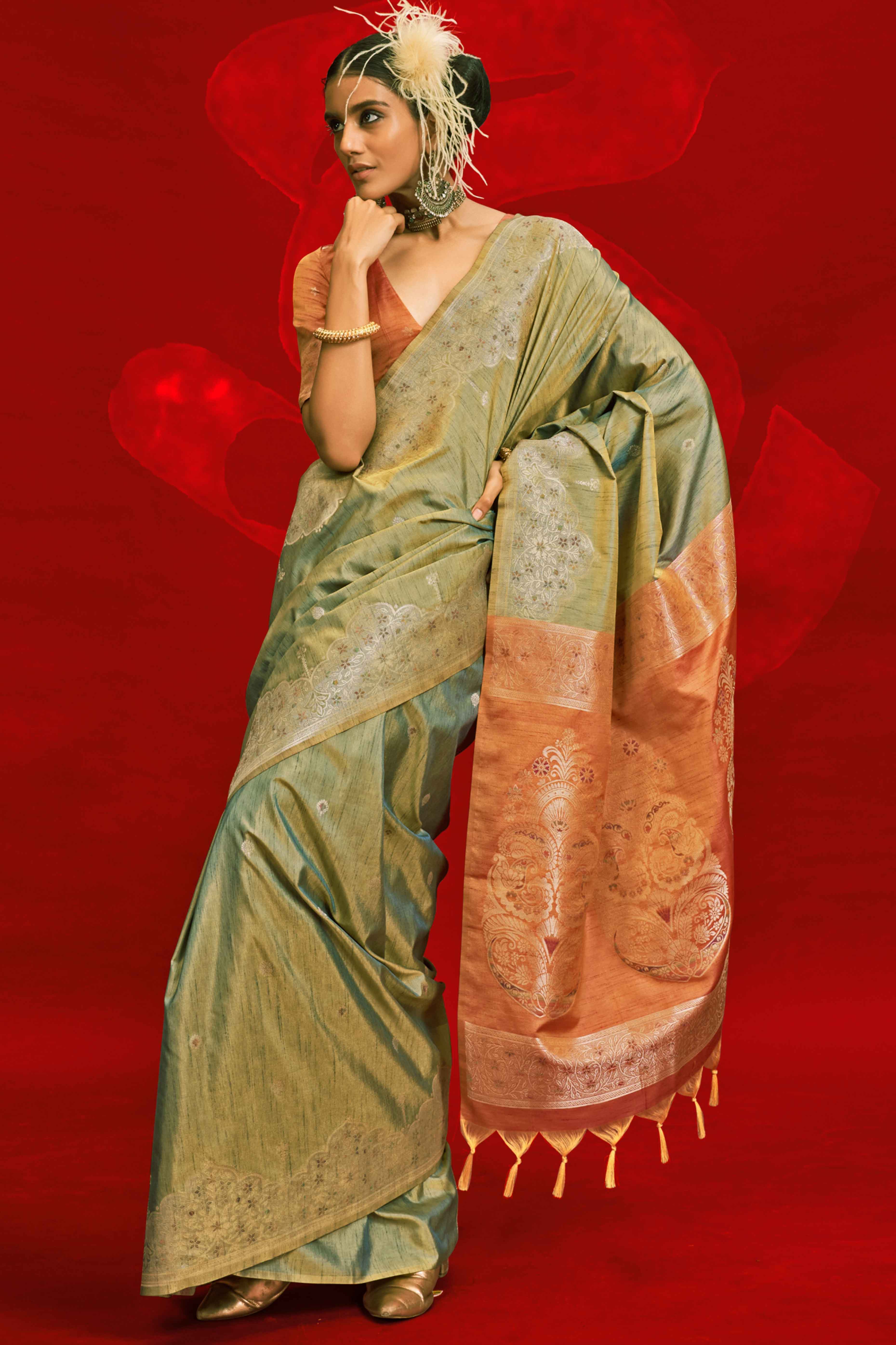 Grey Floral Zari Woven Tussar Silk Saree
