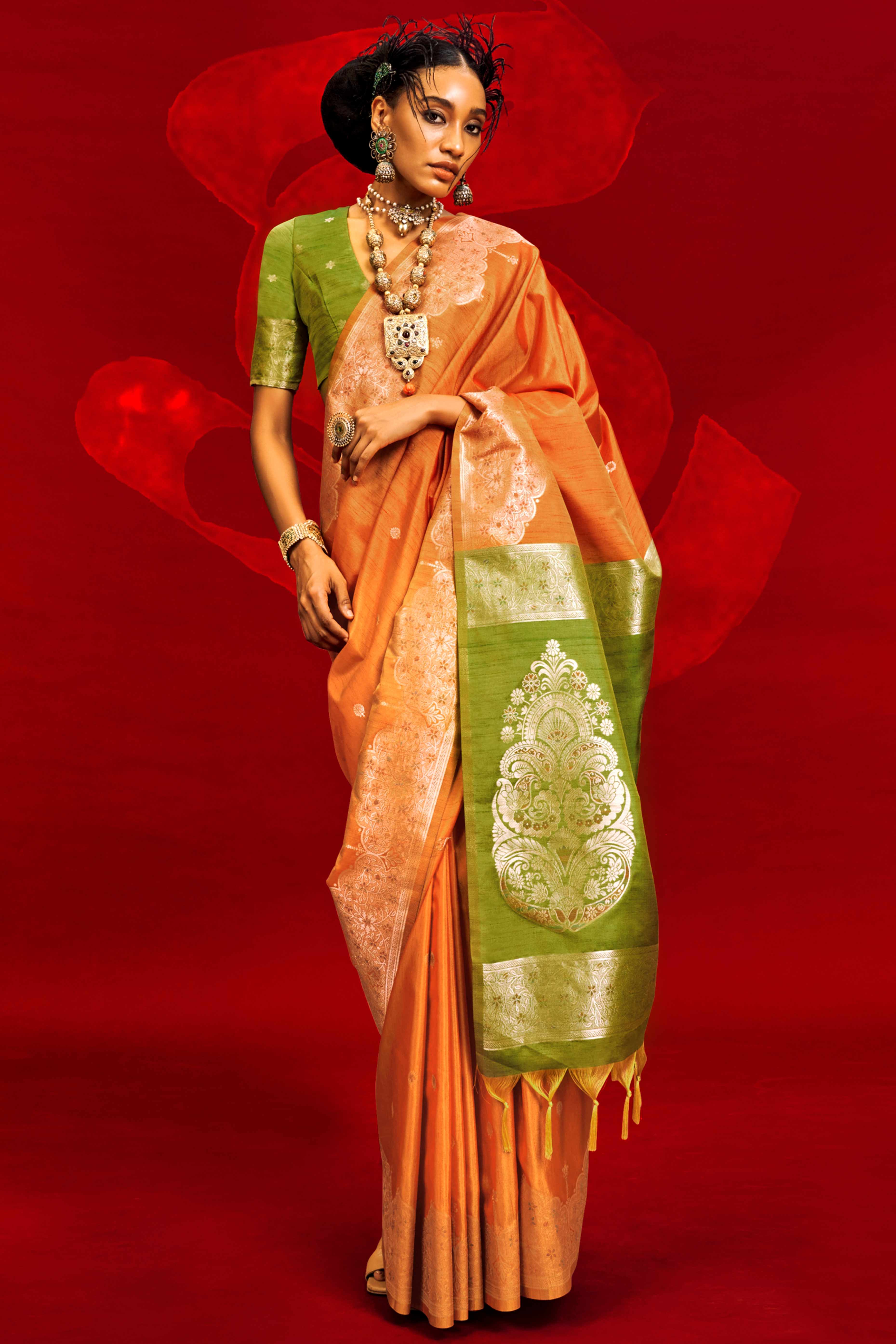 Orange Floral Zari Woven Tussar Silk Saree