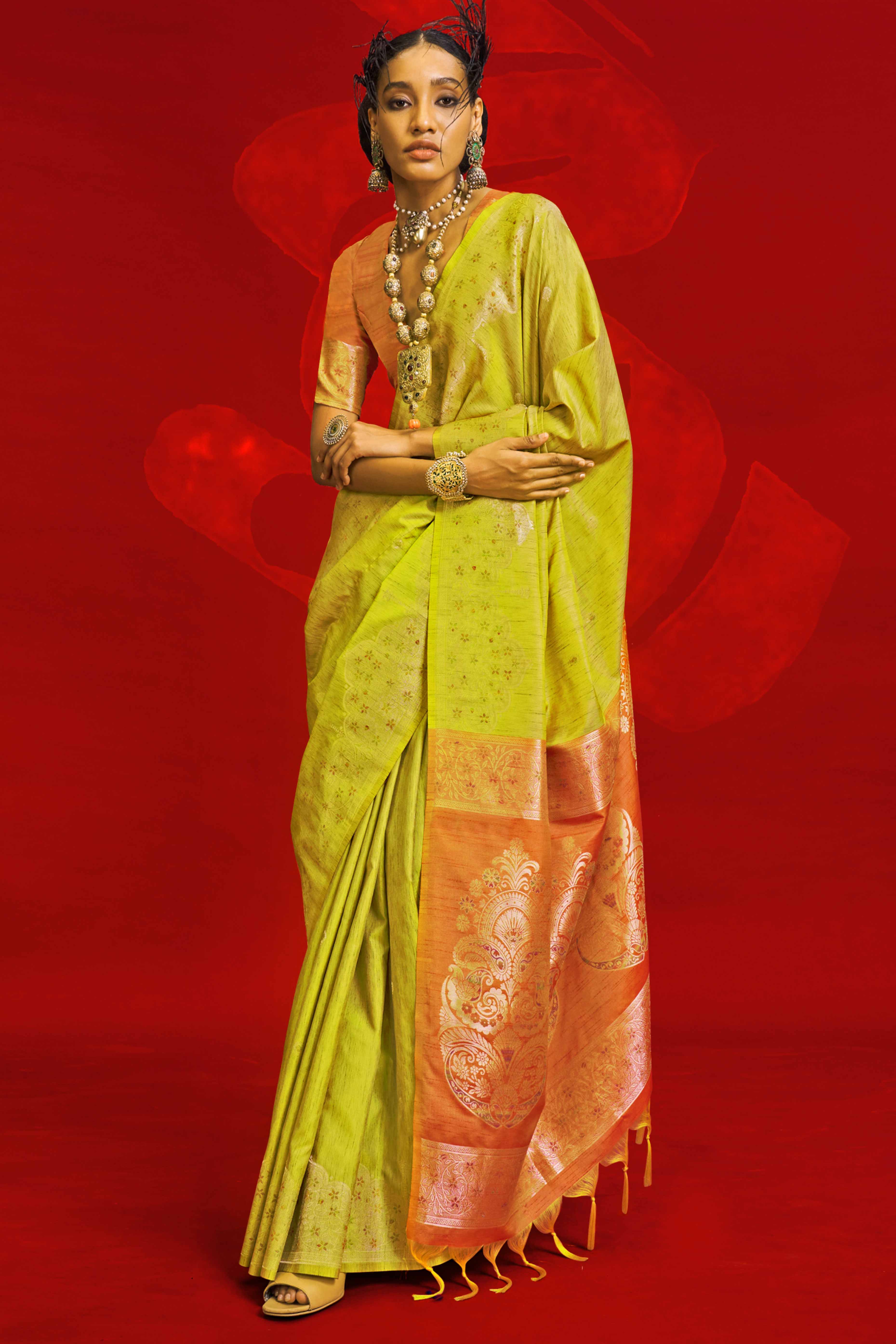 Mustard Floral Zari Woven Tussar Silk Saree