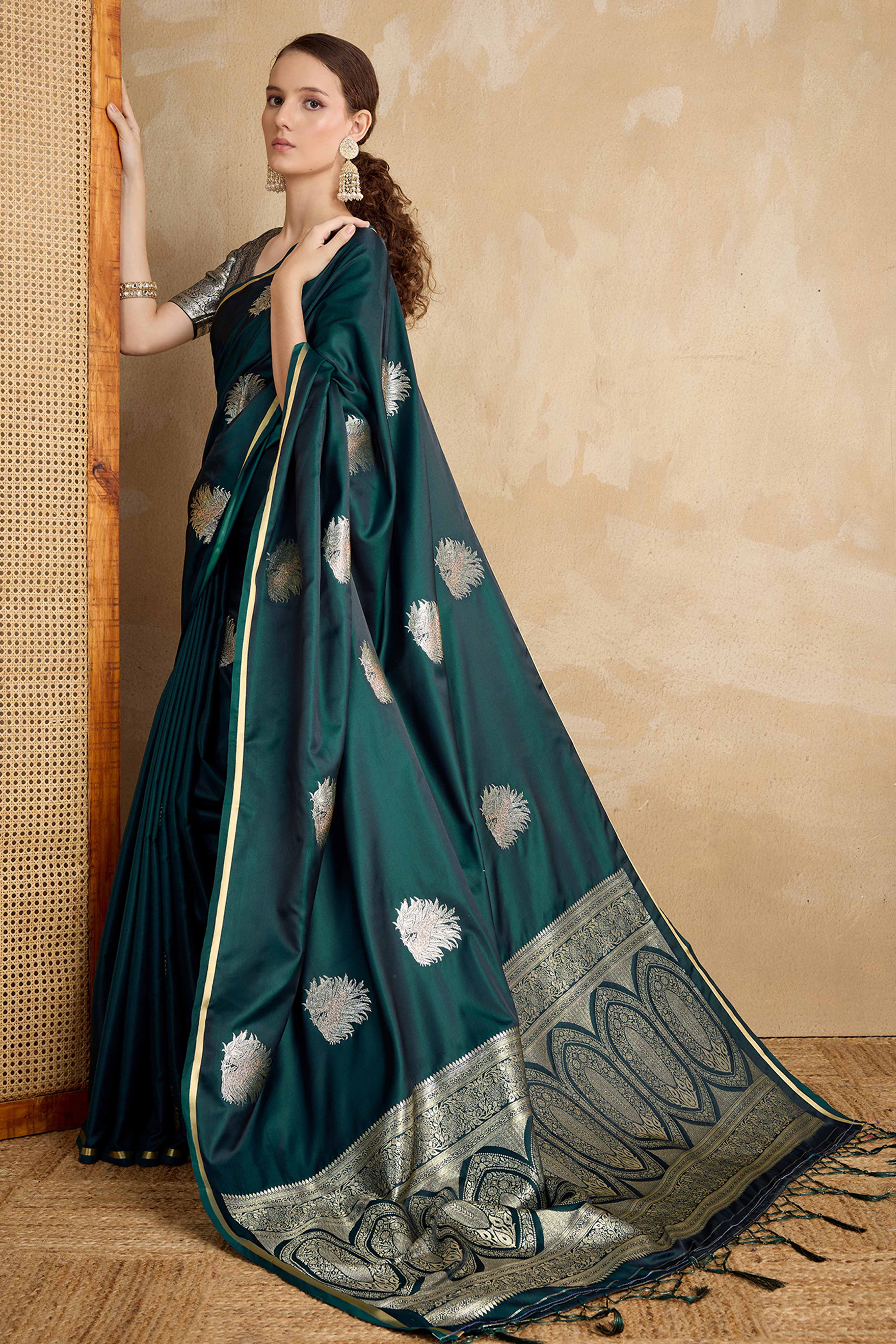 Morpich Green Satin Saree Featuring Intricate Handloom Weaving