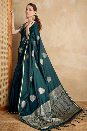 Morpich Green Satin Saree Featuring Intricate Handloom Weaving