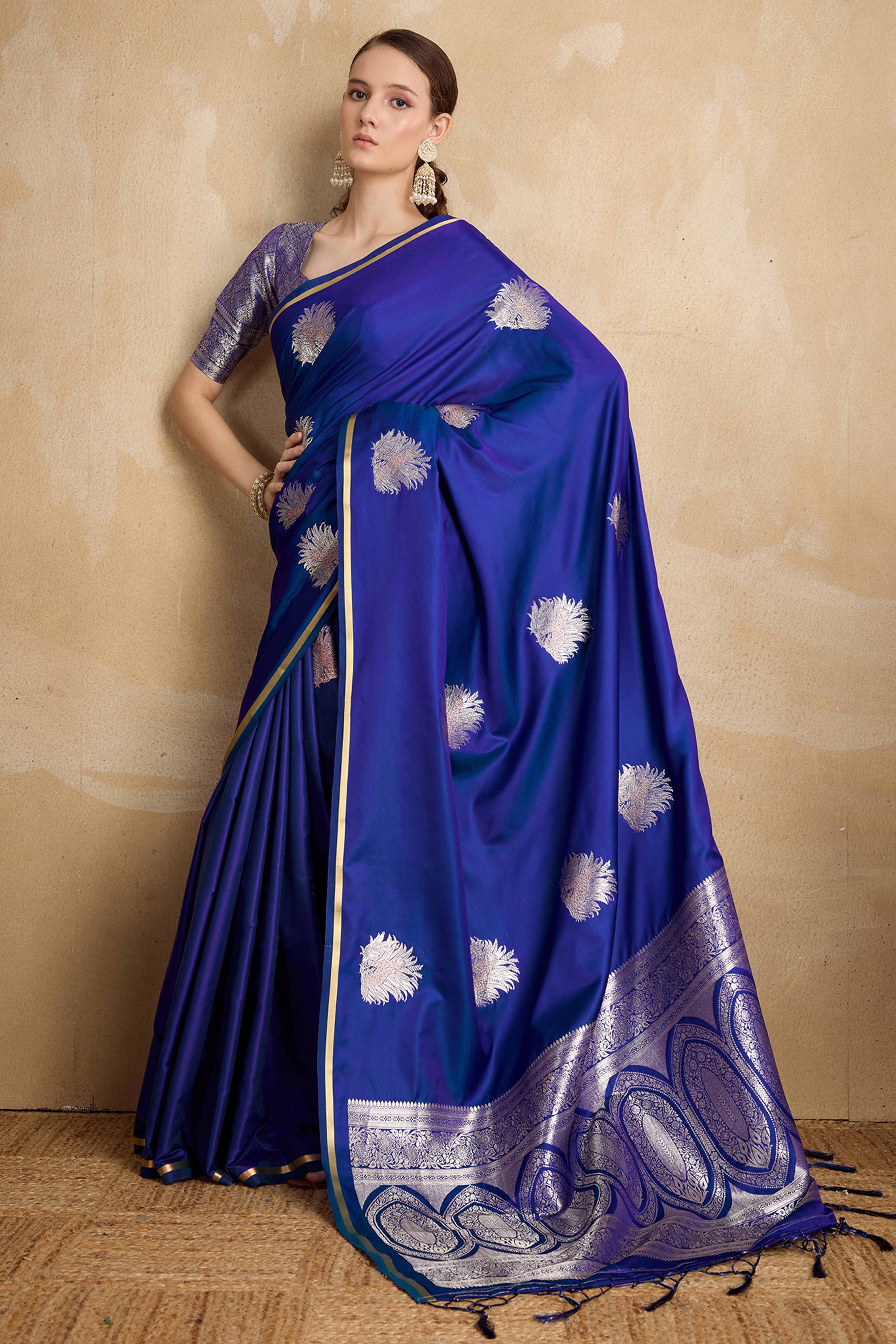 Blue Satin Saree Featuring Intricate Handloom Weaving