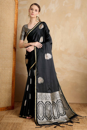 Black Satin Saree Featuring Intricate Handloom Weaving
