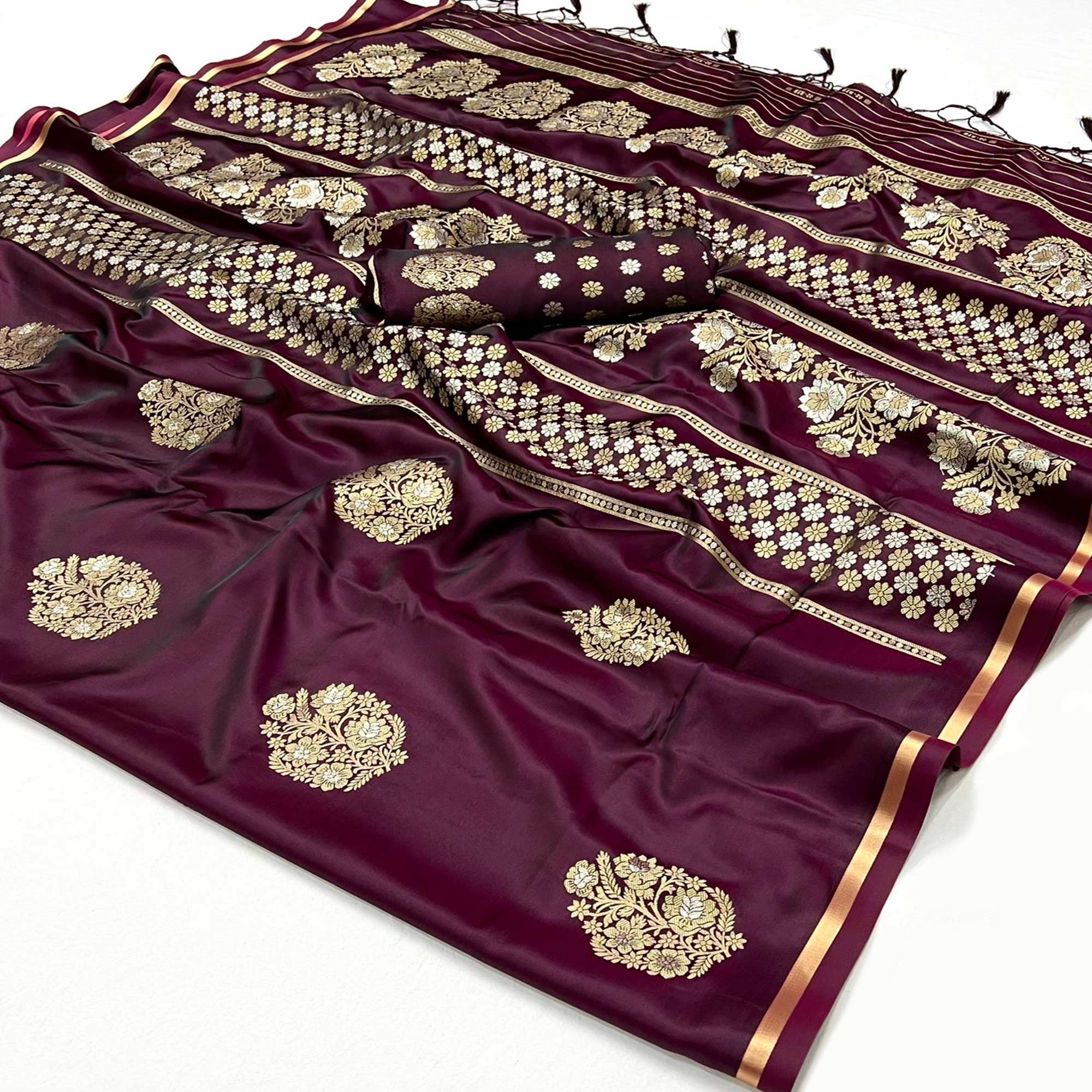 Wine Floral Design Zari Woven Satin Saree