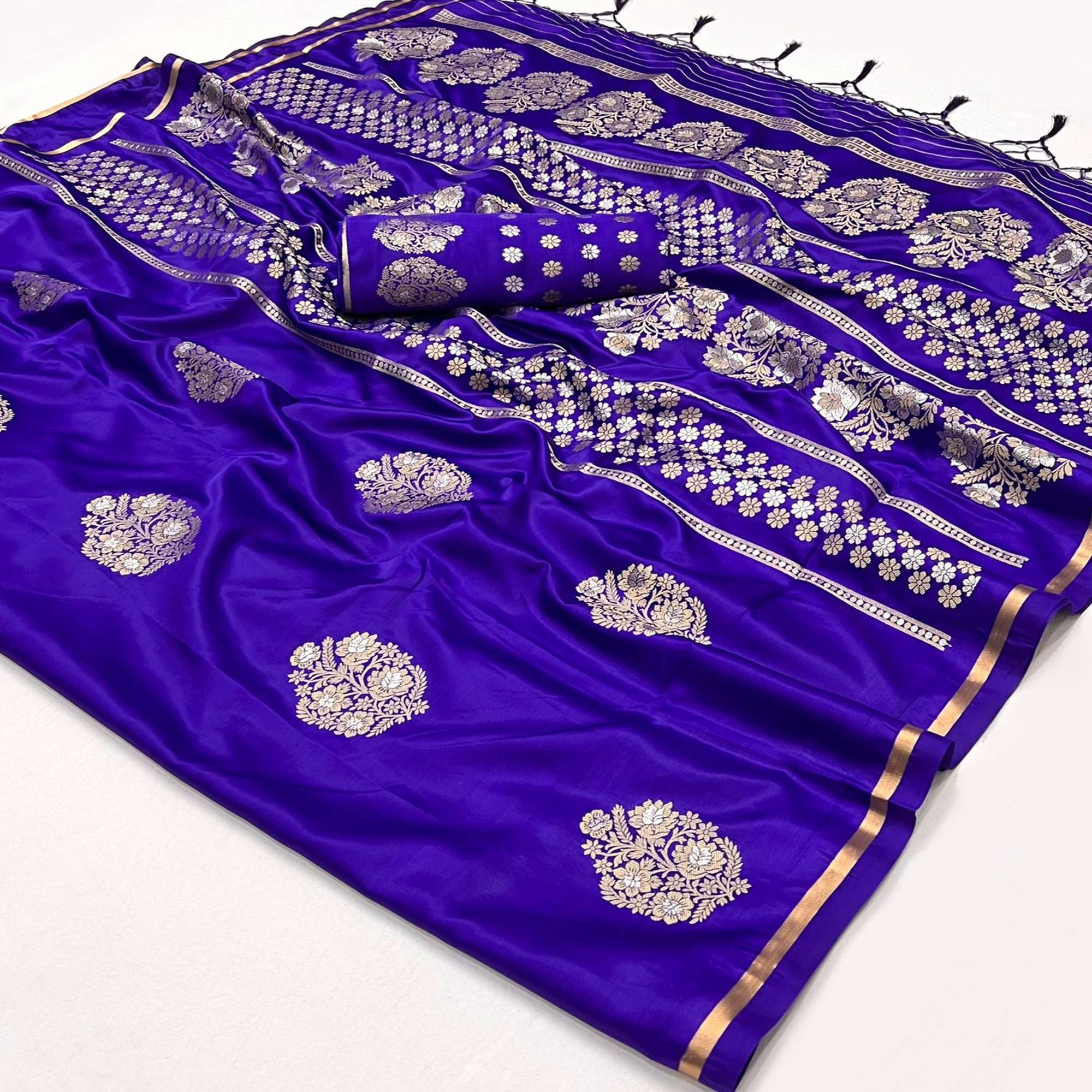 Violet Floral Design Zari Woven Satin Saree