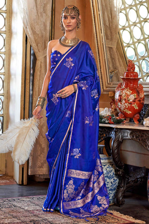 Royal Blue Satin Saree with Zari Weaving and Tassel Detailing