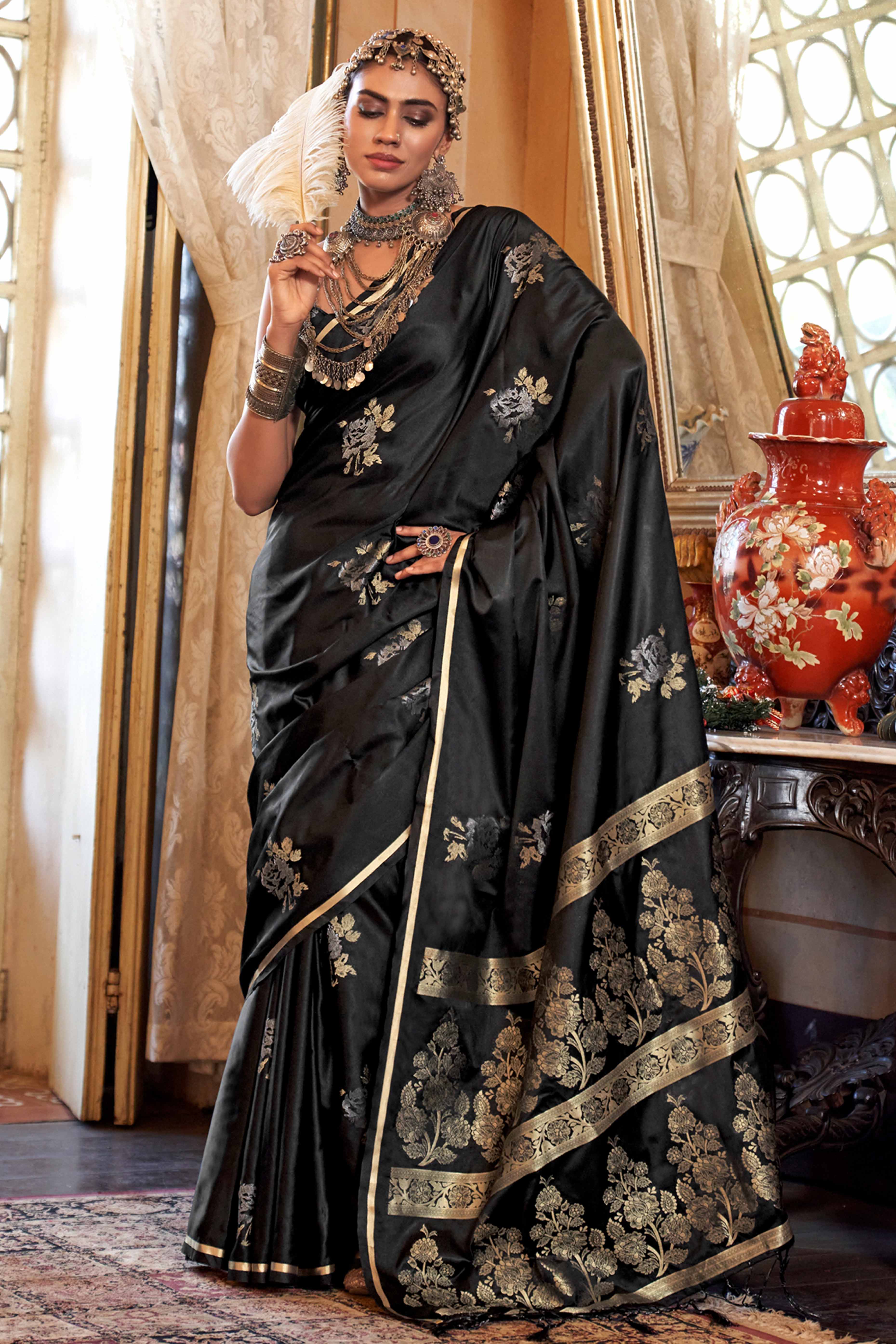 Black Satin Saree with Zari Weaving and Tassel Detailing