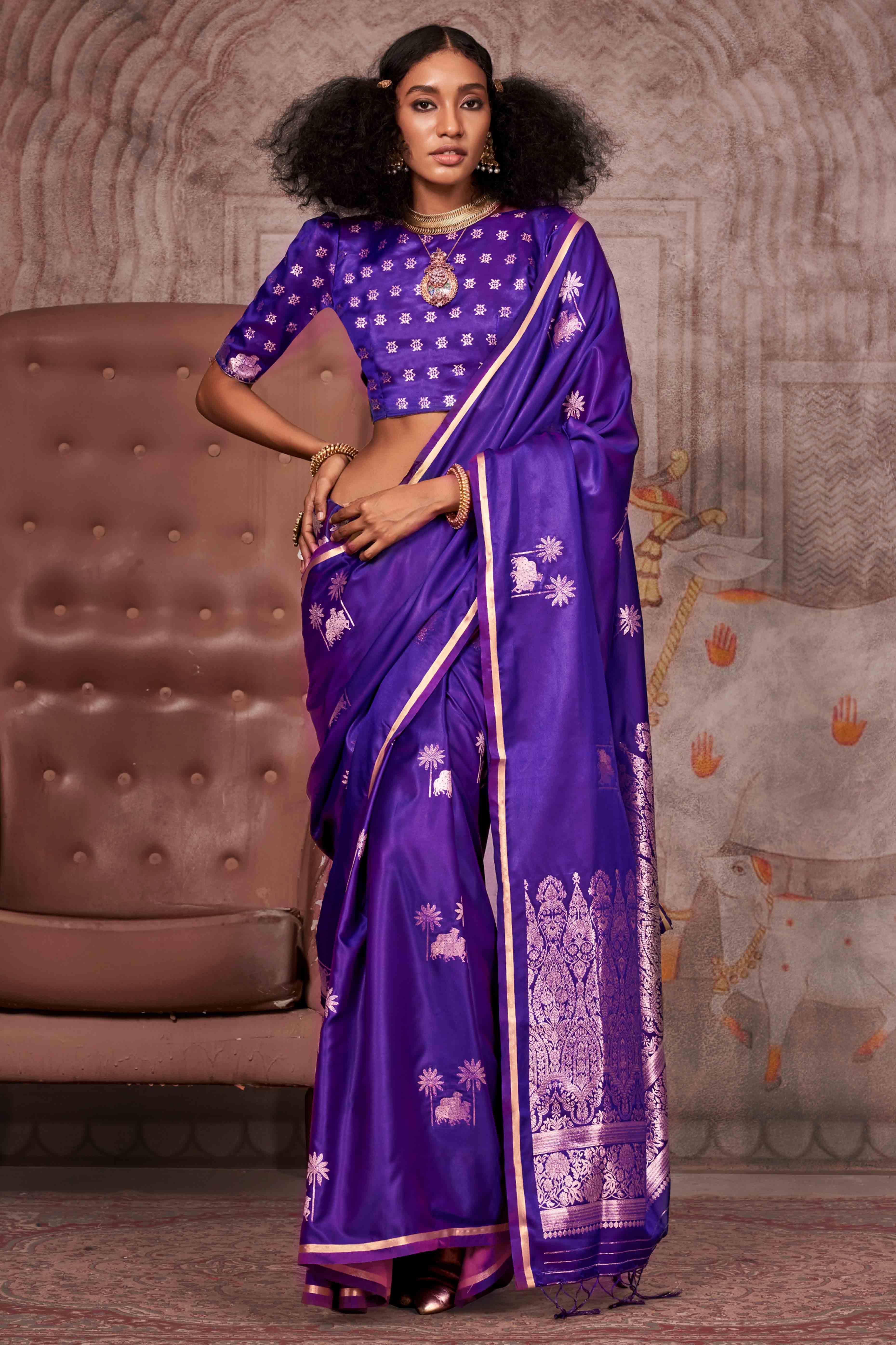 Purple Floral Zari Weaving Satin Saree