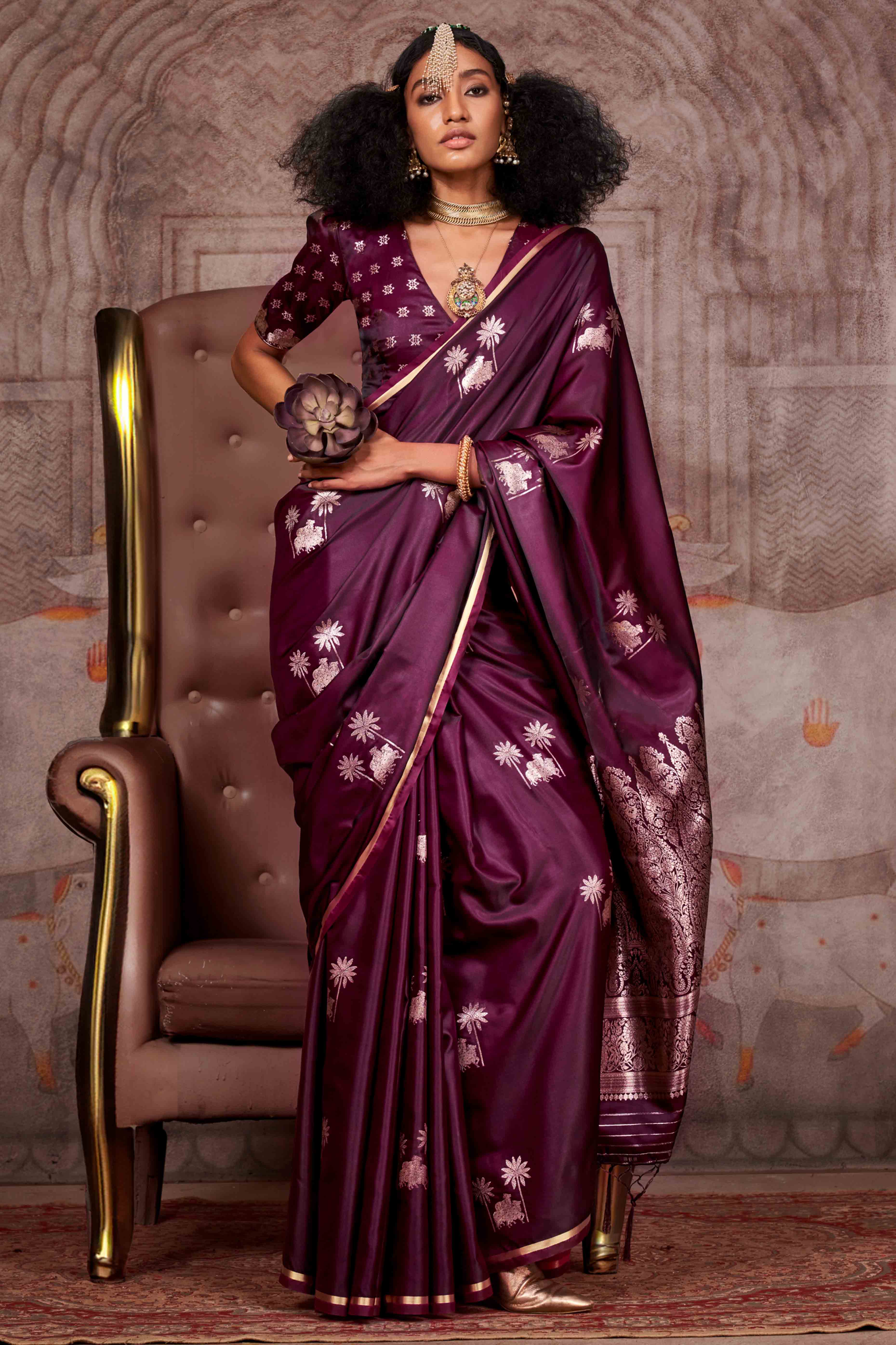 Wine Floral Zari Weaving Satin Saree