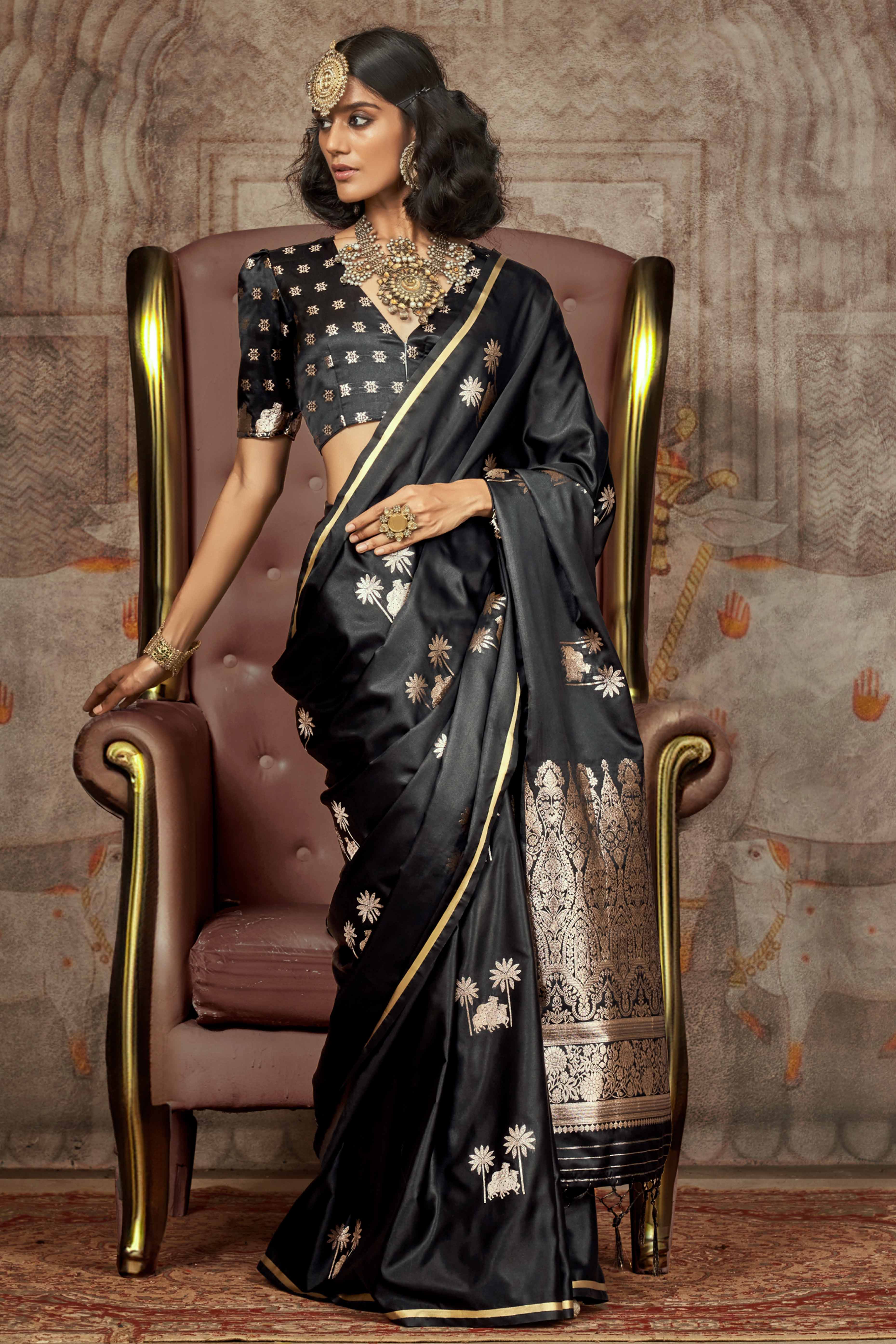 Black Floral Zari Weaving Satin Saree