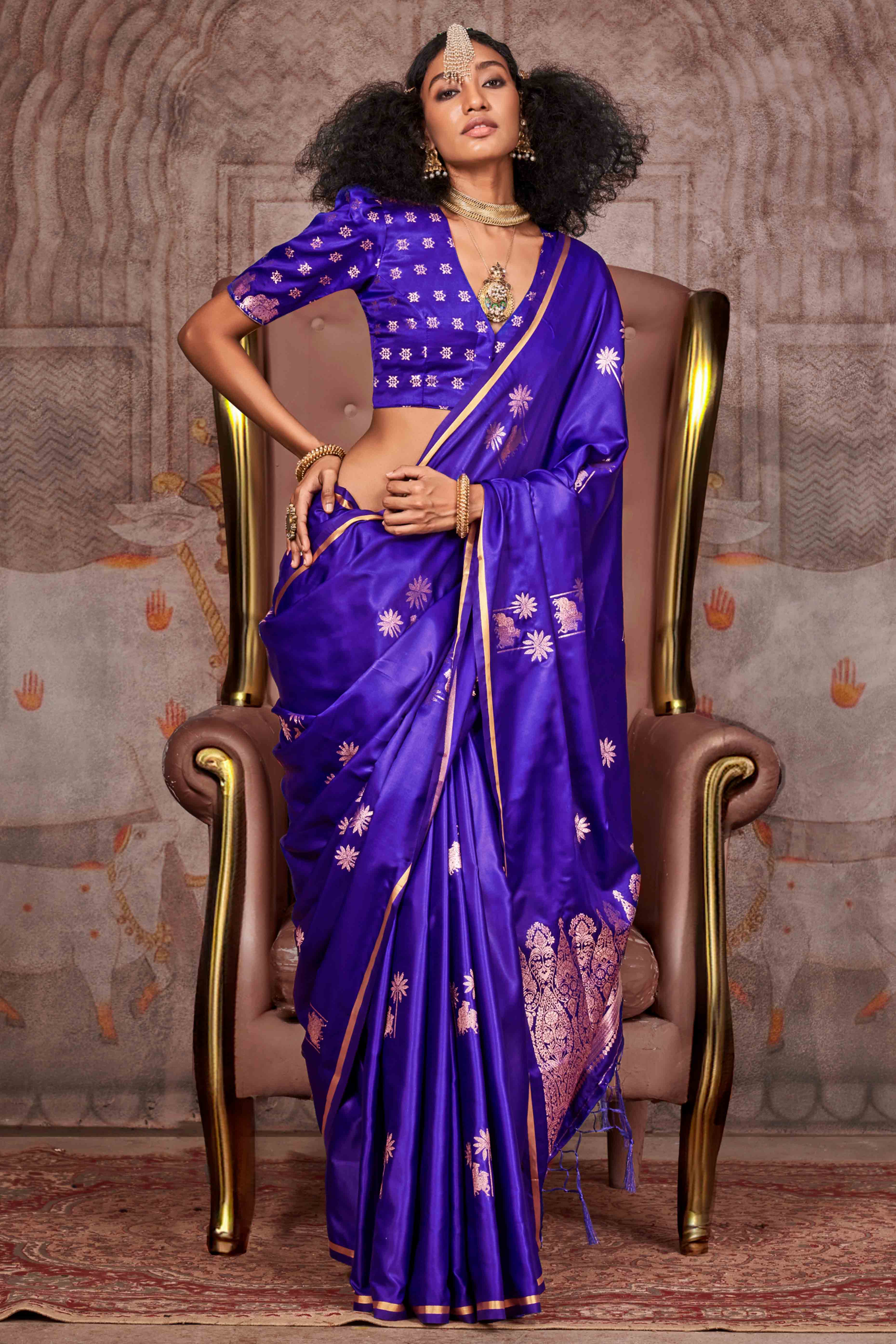 Violet Floral Zari Weaving Satin Saree