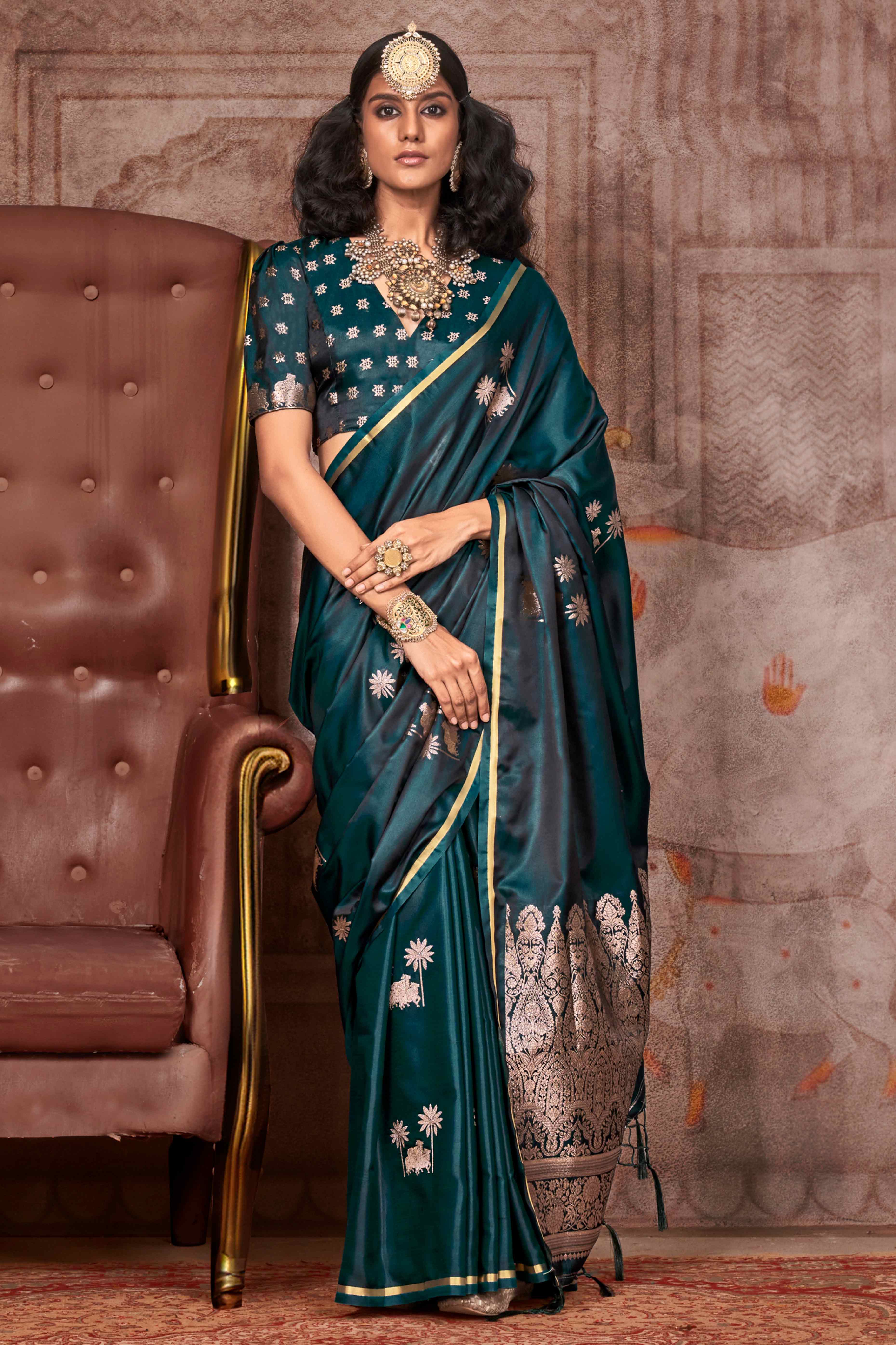 Green Floral Zari Weaving Satin Saree