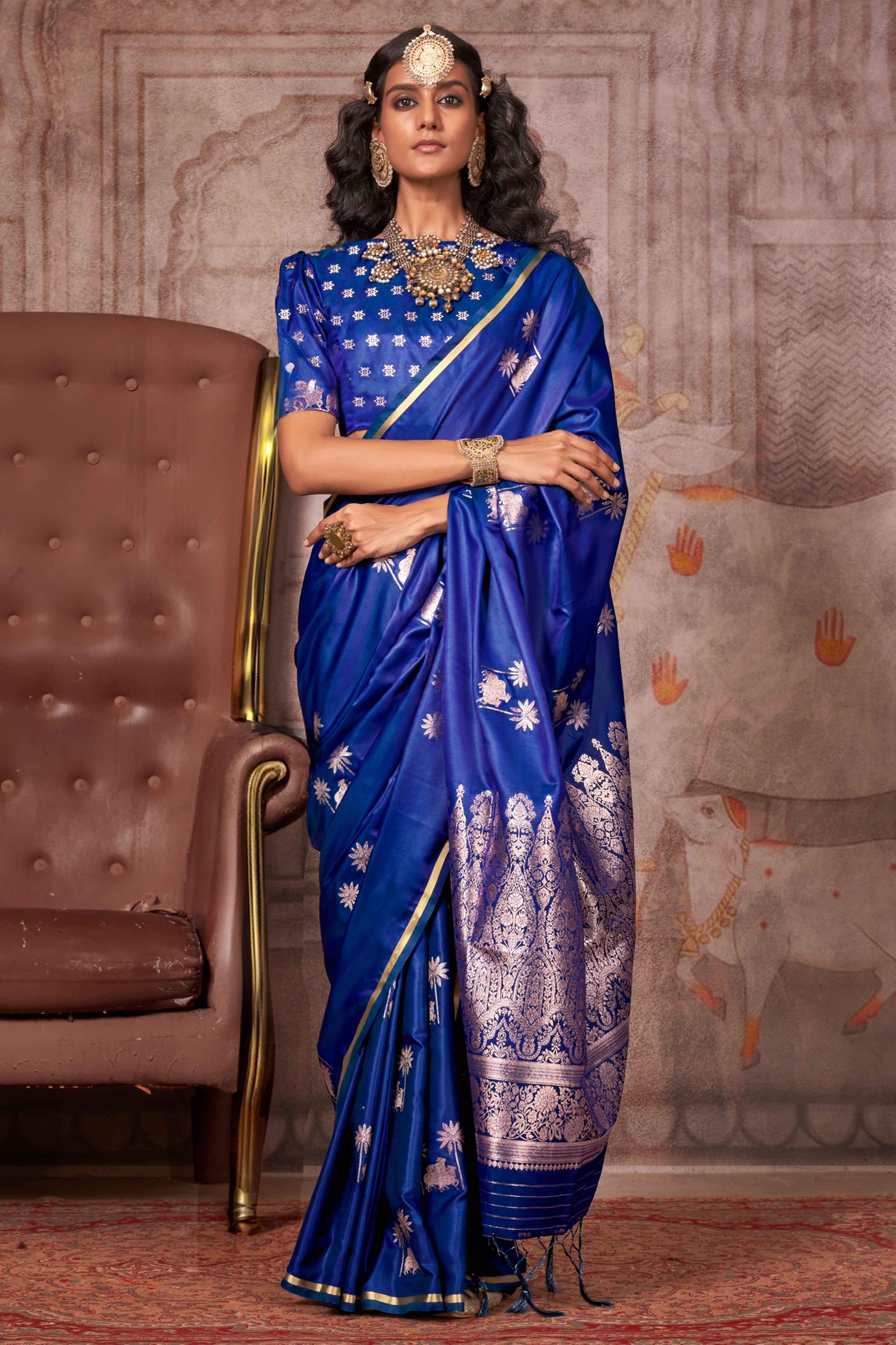 Blue Floral Zari Weaving Satin Saree