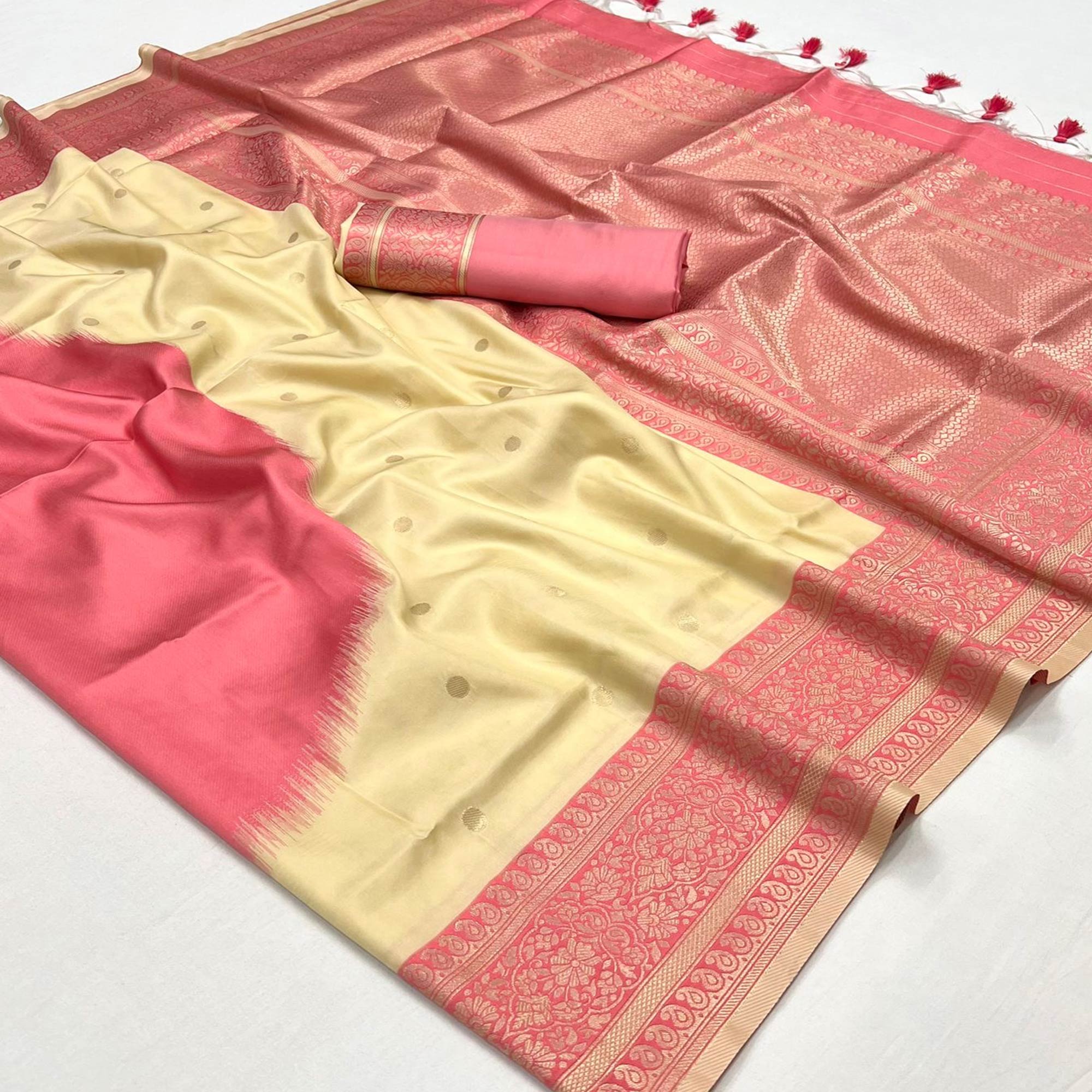 Beige & Peach Zari Butti Work Banarasi Silk Saree