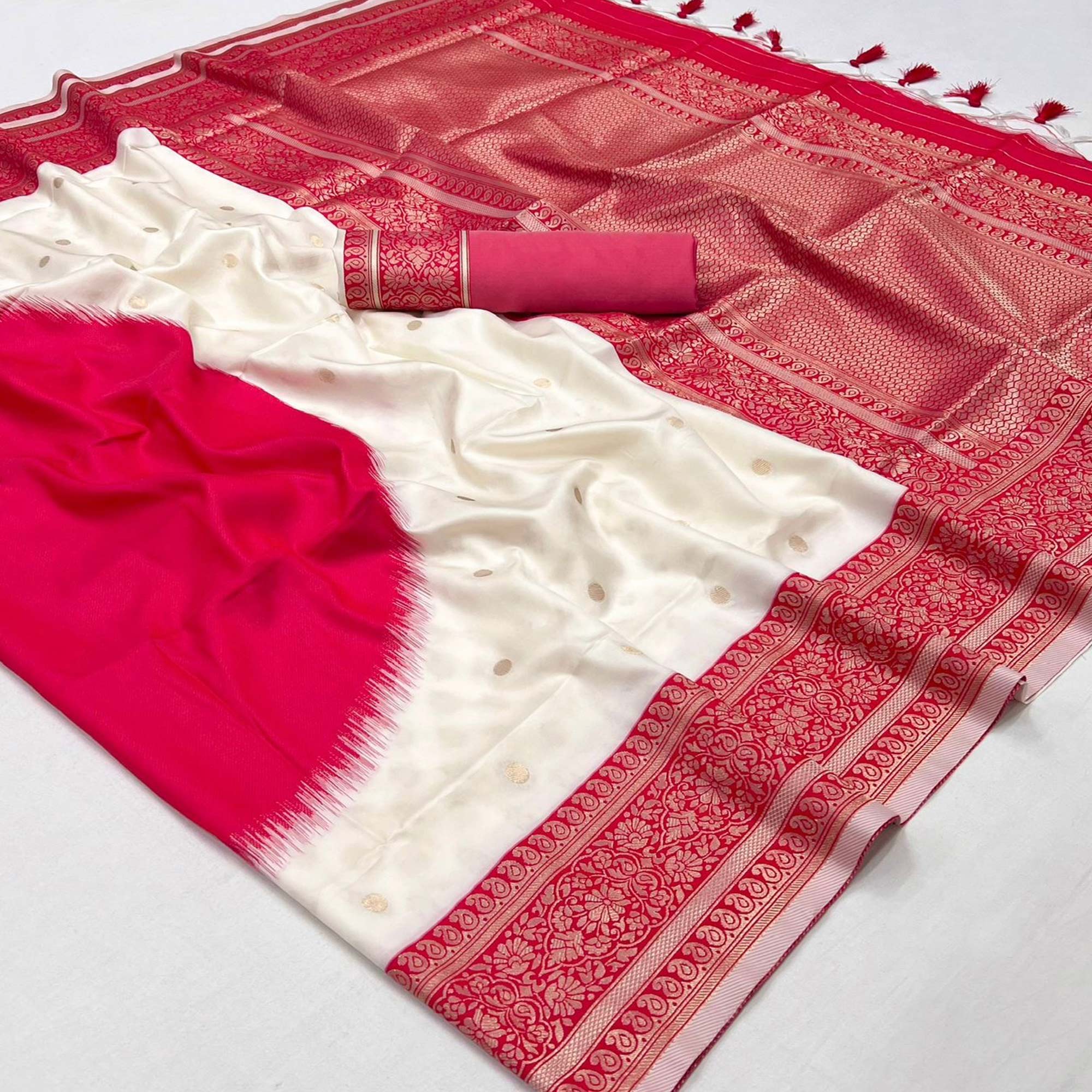Cream & Red Zari Butti Work Banarasi Silk Saree