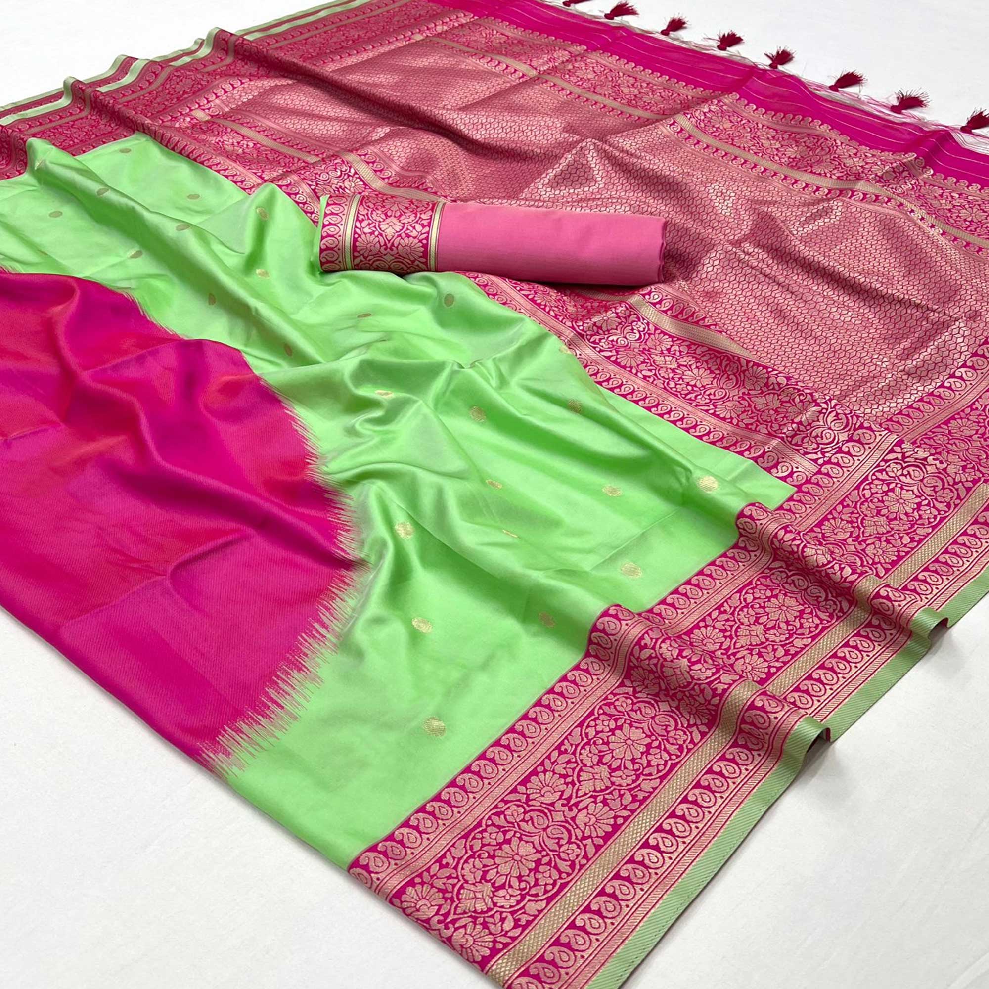 Parrot Green & Pink Zari Butti Work Banarasi Silk Saree
