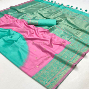 Pink & Turquoise Zari Butti Work Banarasi Silk Saree