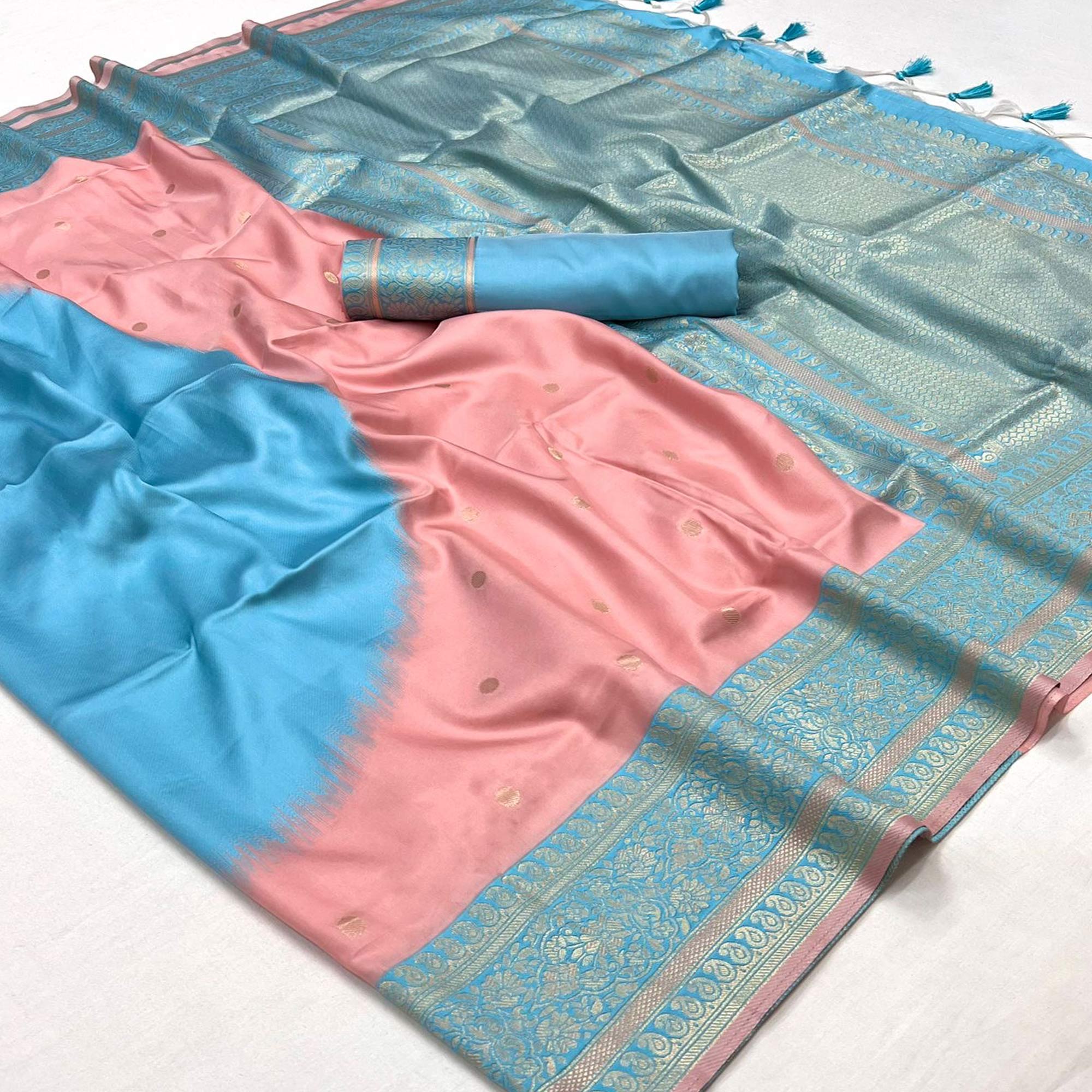 Peach & Blue Zari Butti Work Banarasi Silk Saree