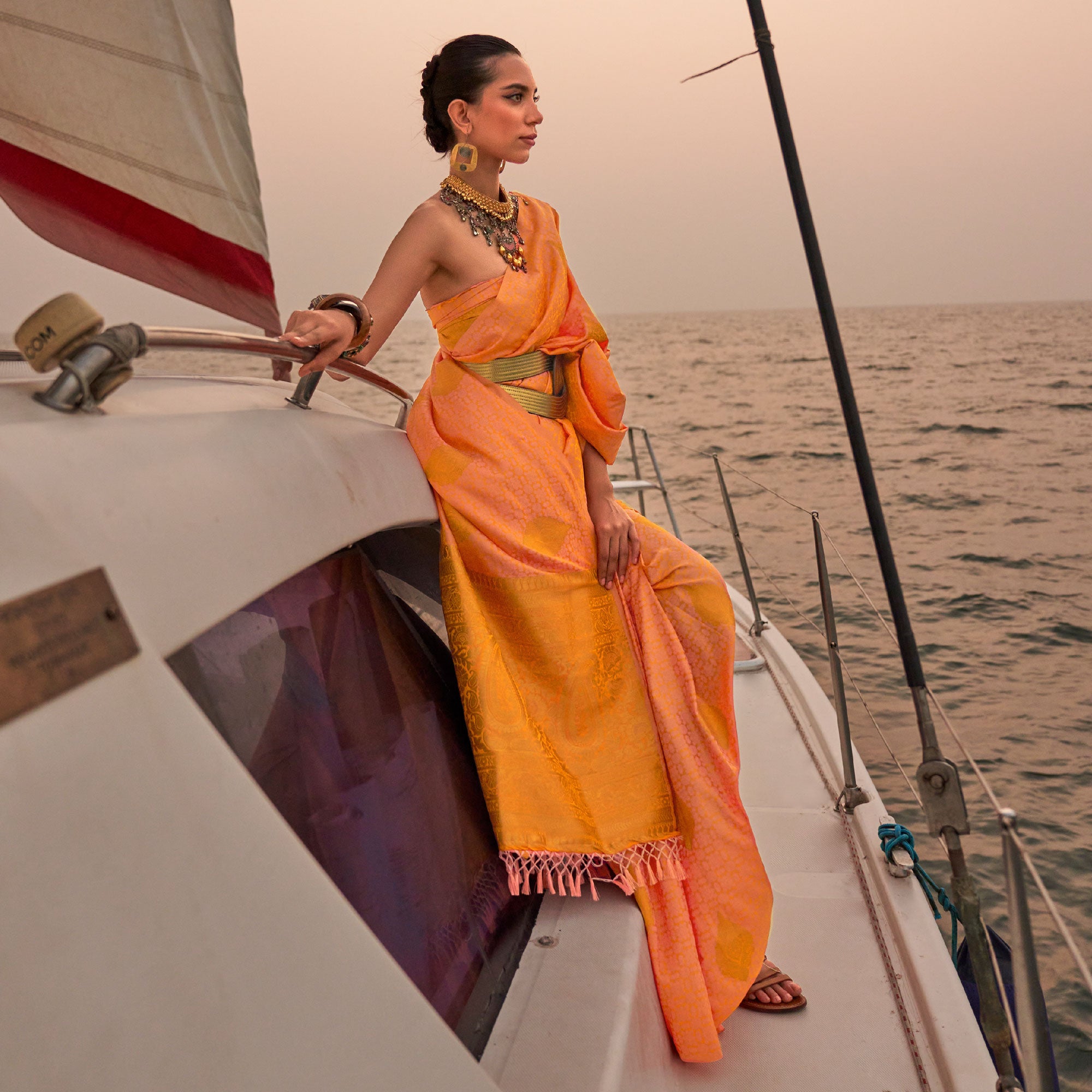 Peach Woven Satin Two Tone Saree