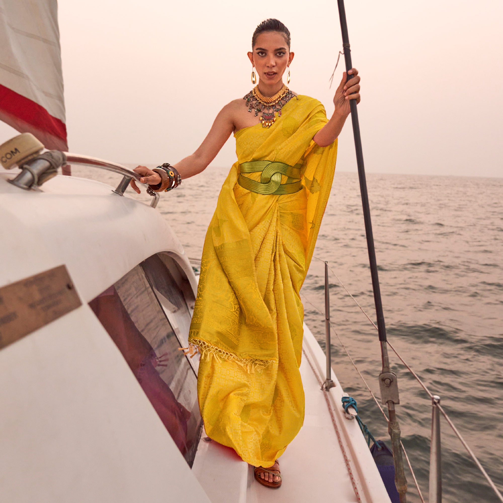 Yellow Woven Satin Two Tone Saree