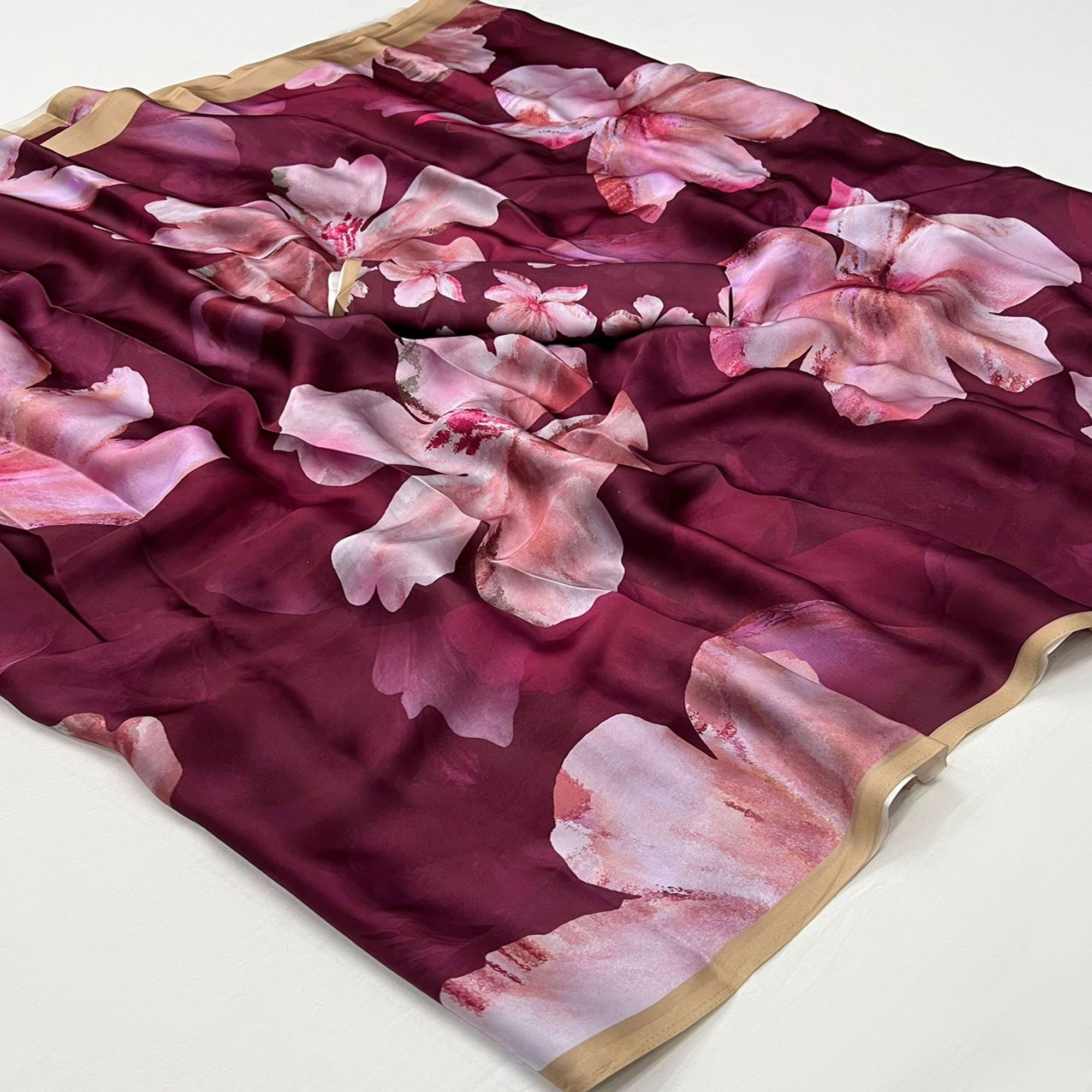 Wine Floral Digital Printed Satin Saree