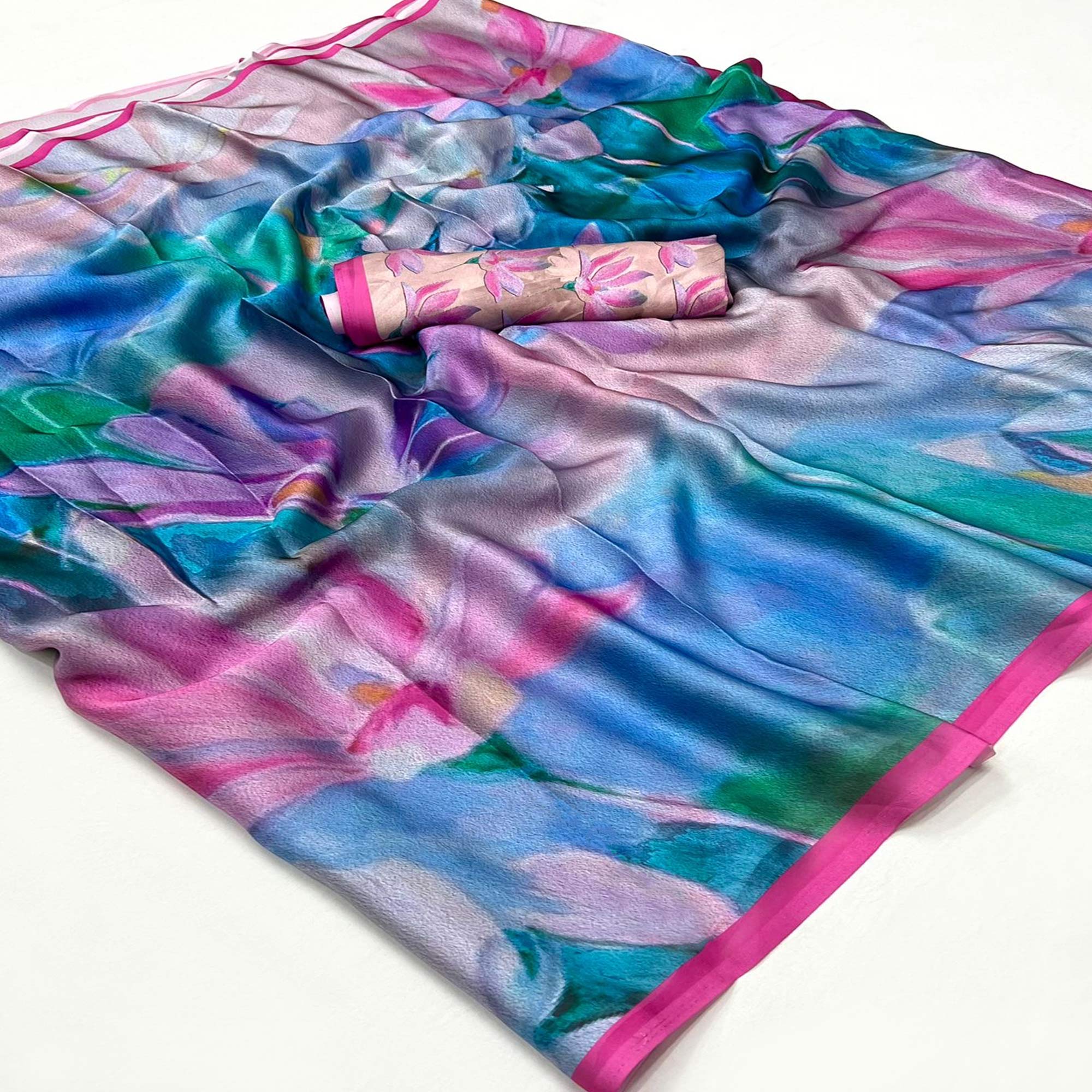 Multicolor Floral Digital Printed Satin Saree