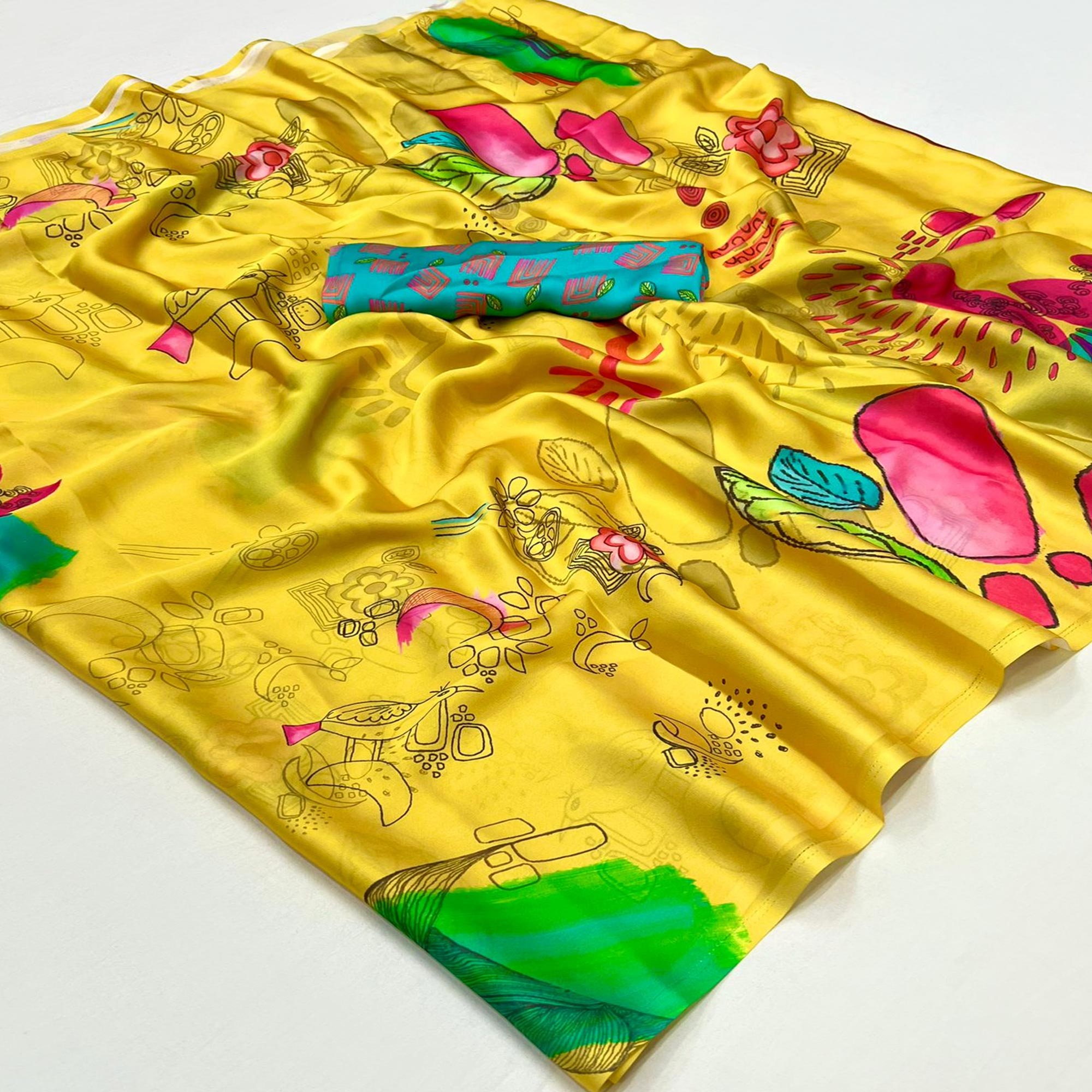 Yellow Floral Digital Printed Satin Saree