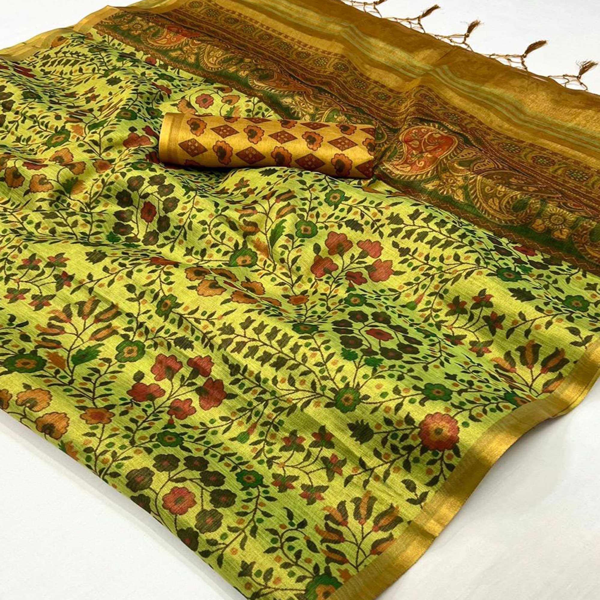Green Floral Printed Tissue Saree With Tassels