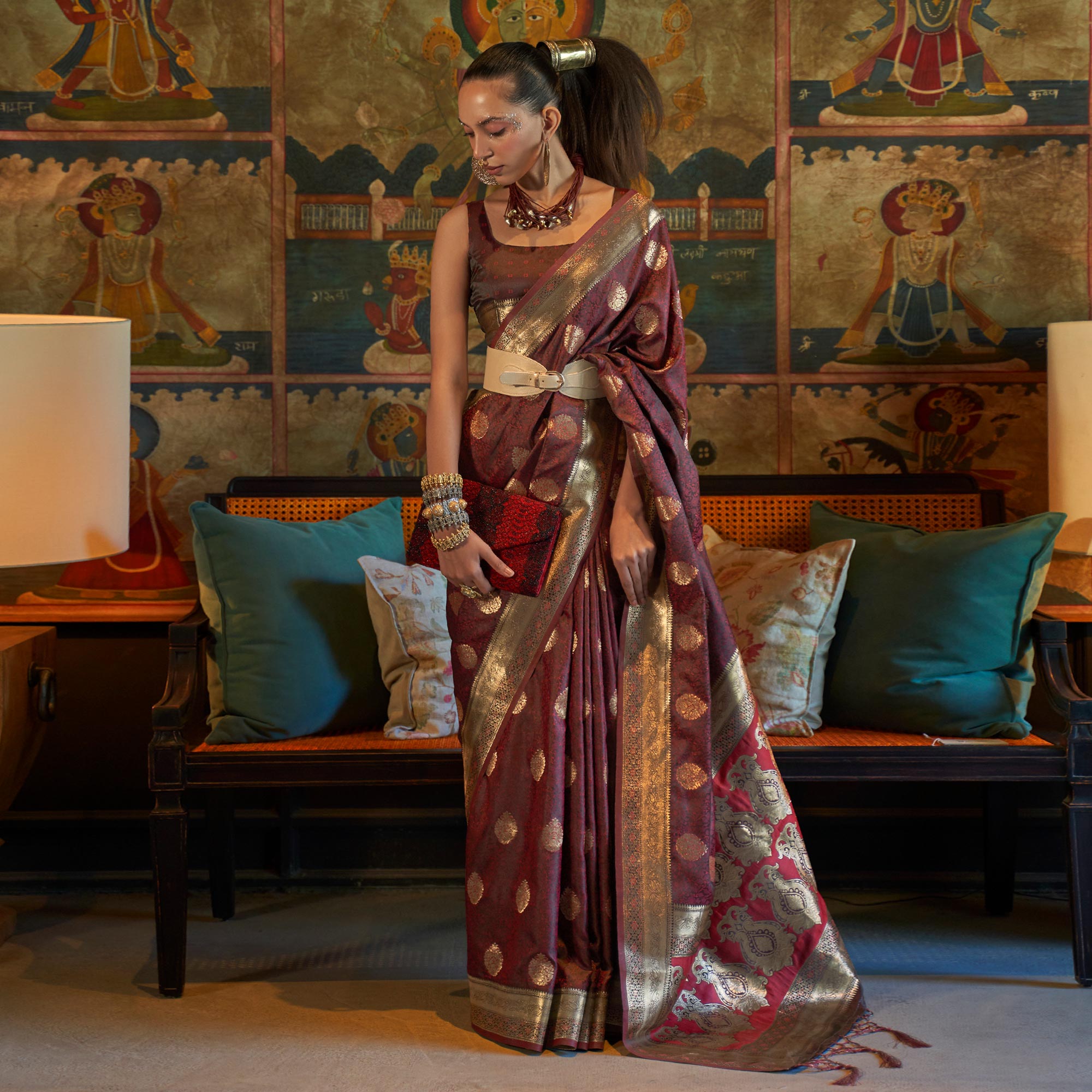 Maroon Floral Woven Satin Saree With Tassels