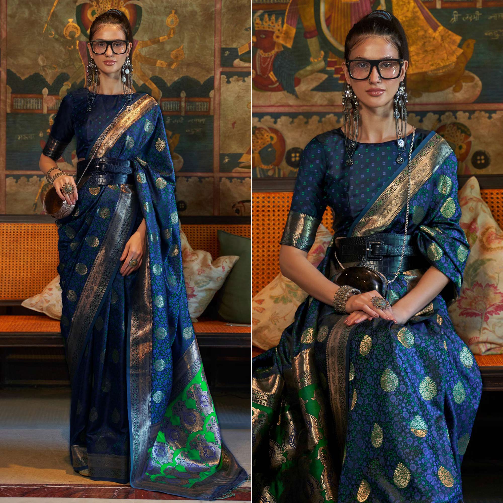 Navy Blue Floral Woven Satin Saree With Tassels