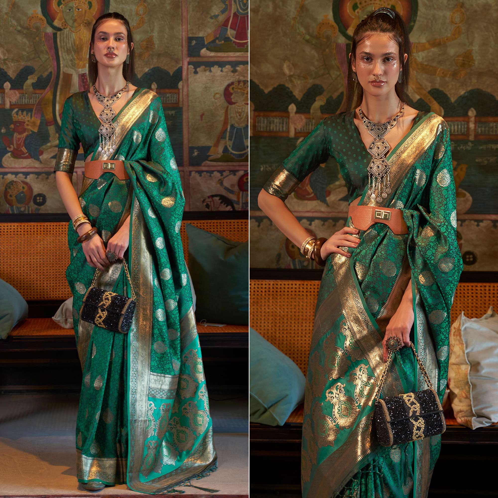 Green Floral Woven Satin Saree With Tassels