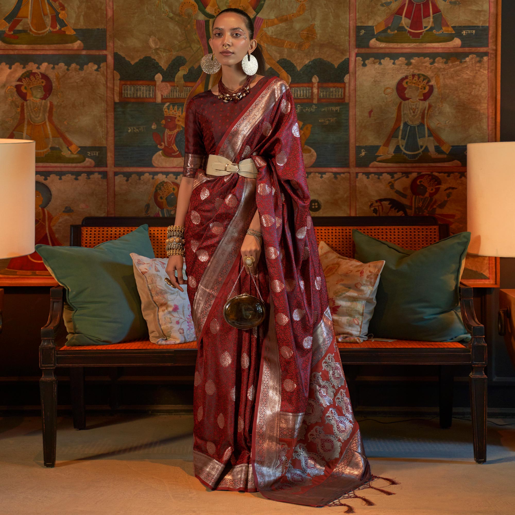 Brown Floral Woven Satin Saree With Tassels