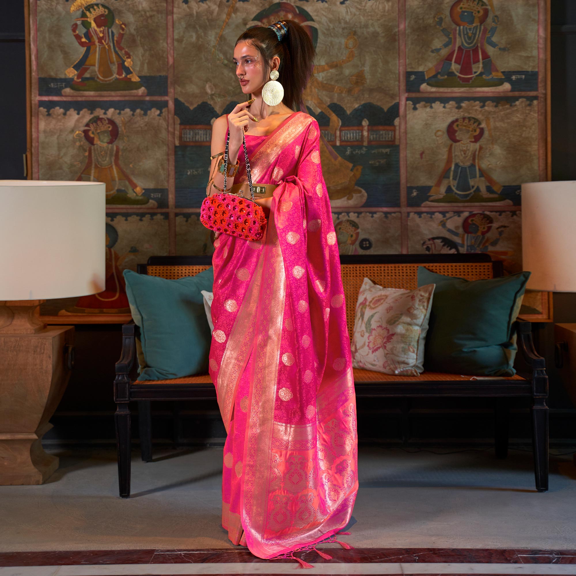 Pink Floral Woven Satin Saree With Tassels