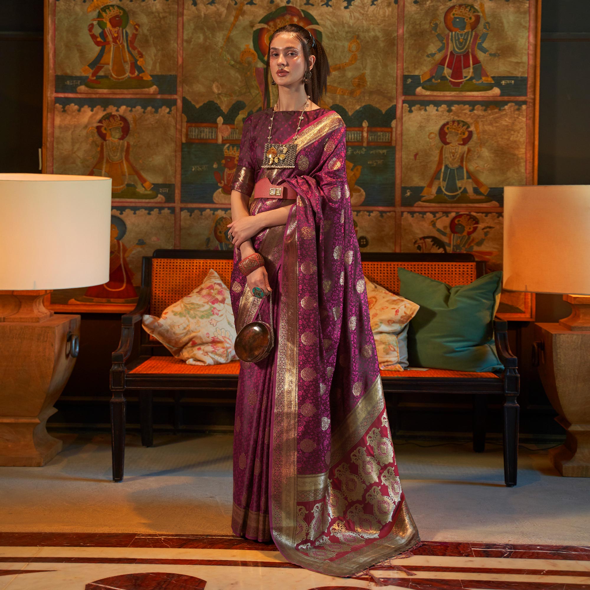 Wine Floral Woven Satin Saree With Tassels