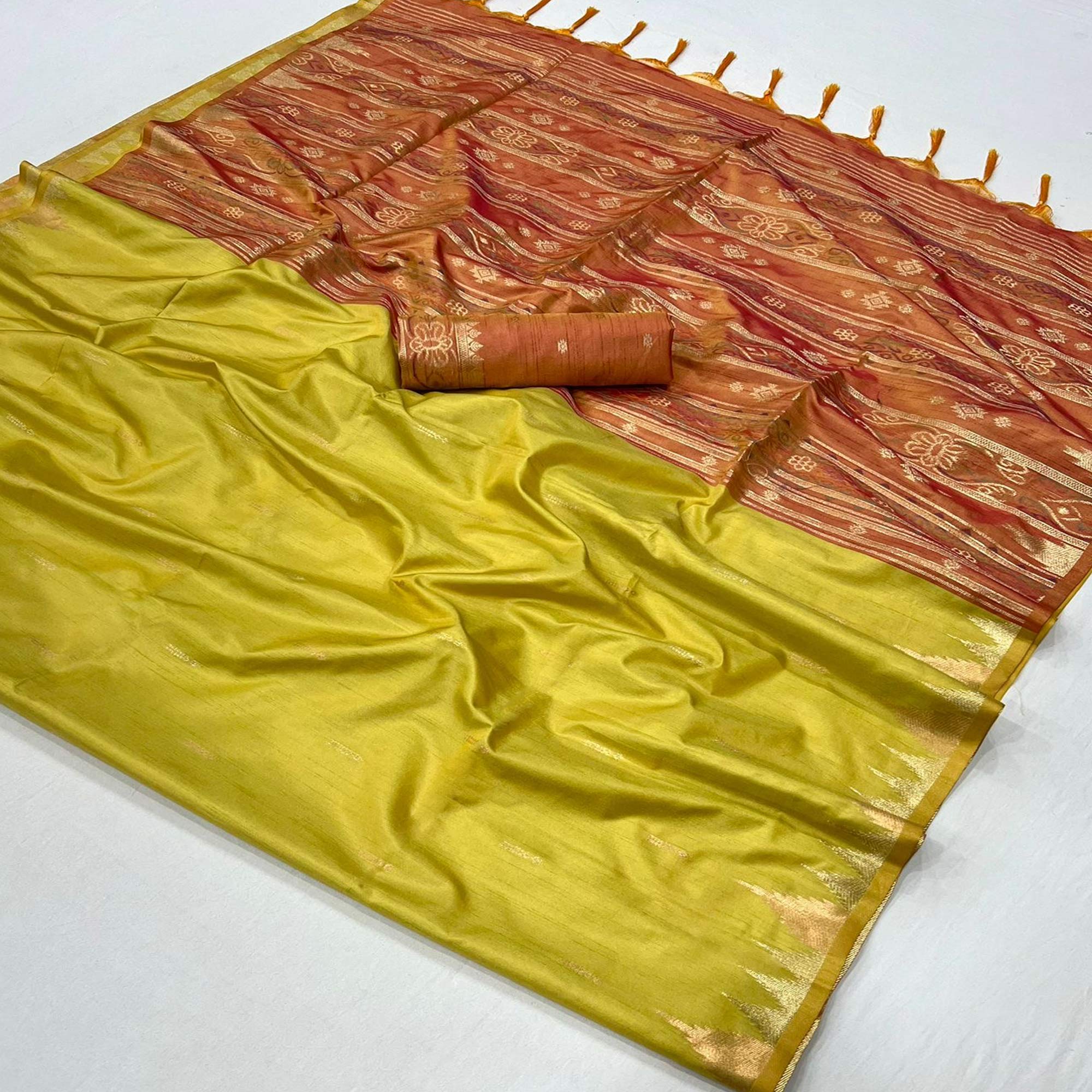 Lemon Yellow Zari Work Woven Tussar Silk Saree With Tassels