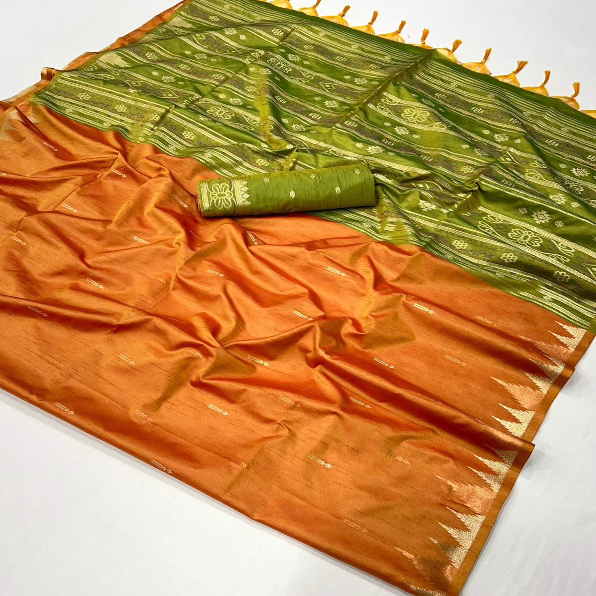 Orange Zari Work Woven Tussar Silk Saree With Tassels