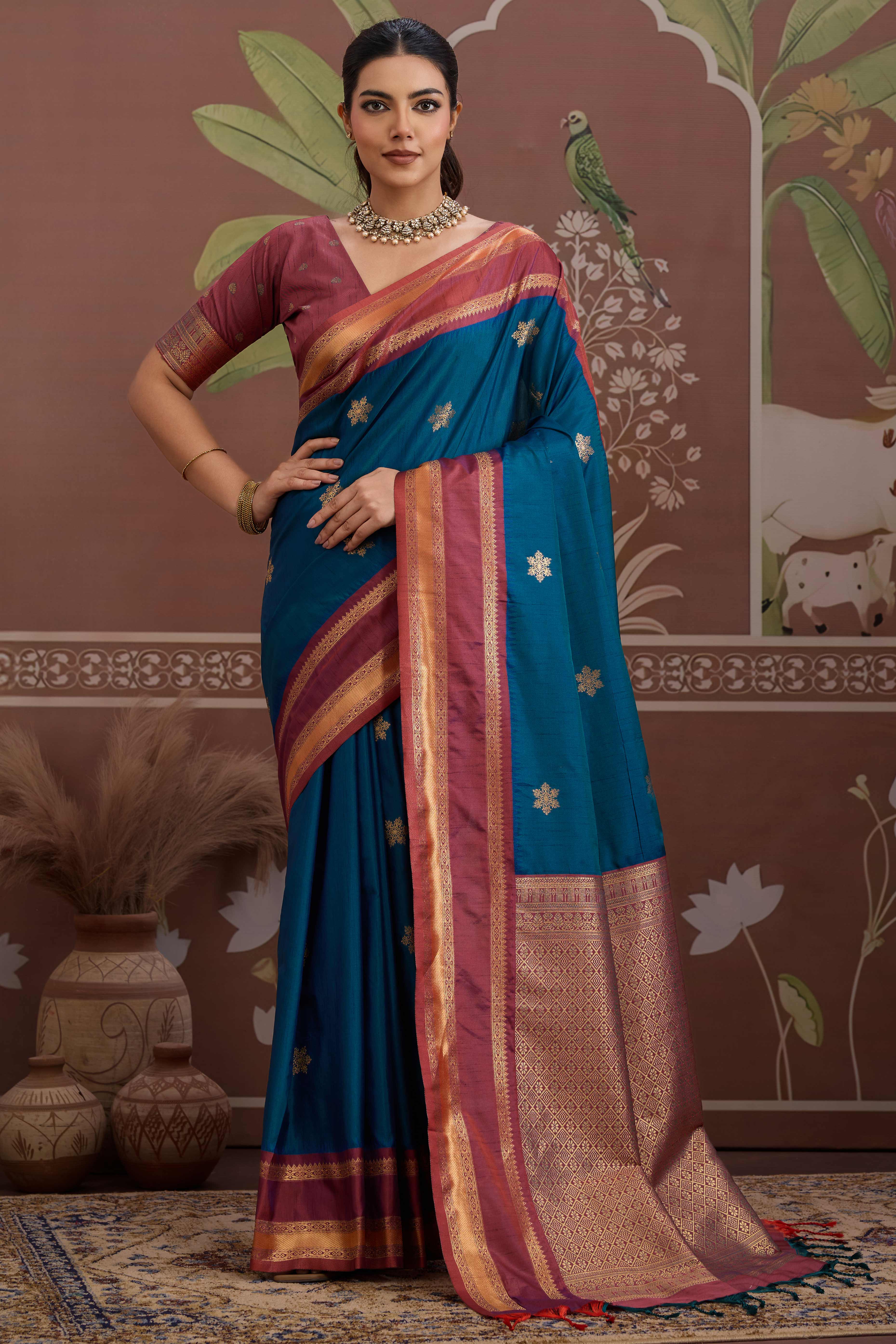 Luxury Style Teal Saree in Silk Blend with Intricate Zari Work