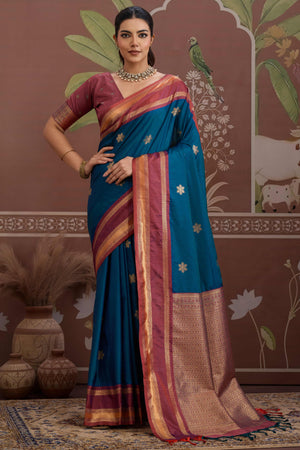 Luxury Style Teal Saree in Silk Blend with Intricate Zari Work