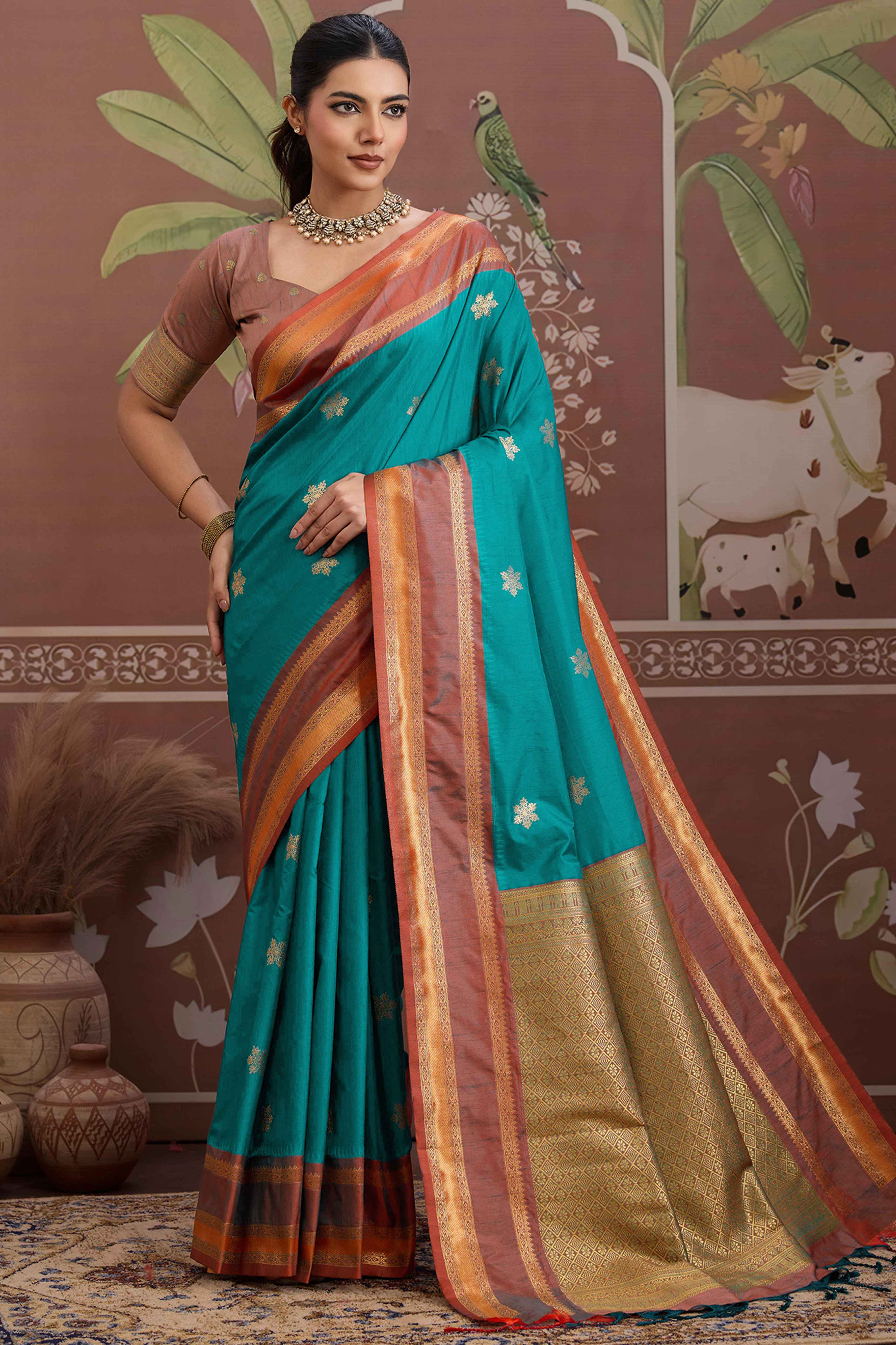 Luxury Style Morpich Green Saree in Silk Blend with Intricate Zari Work