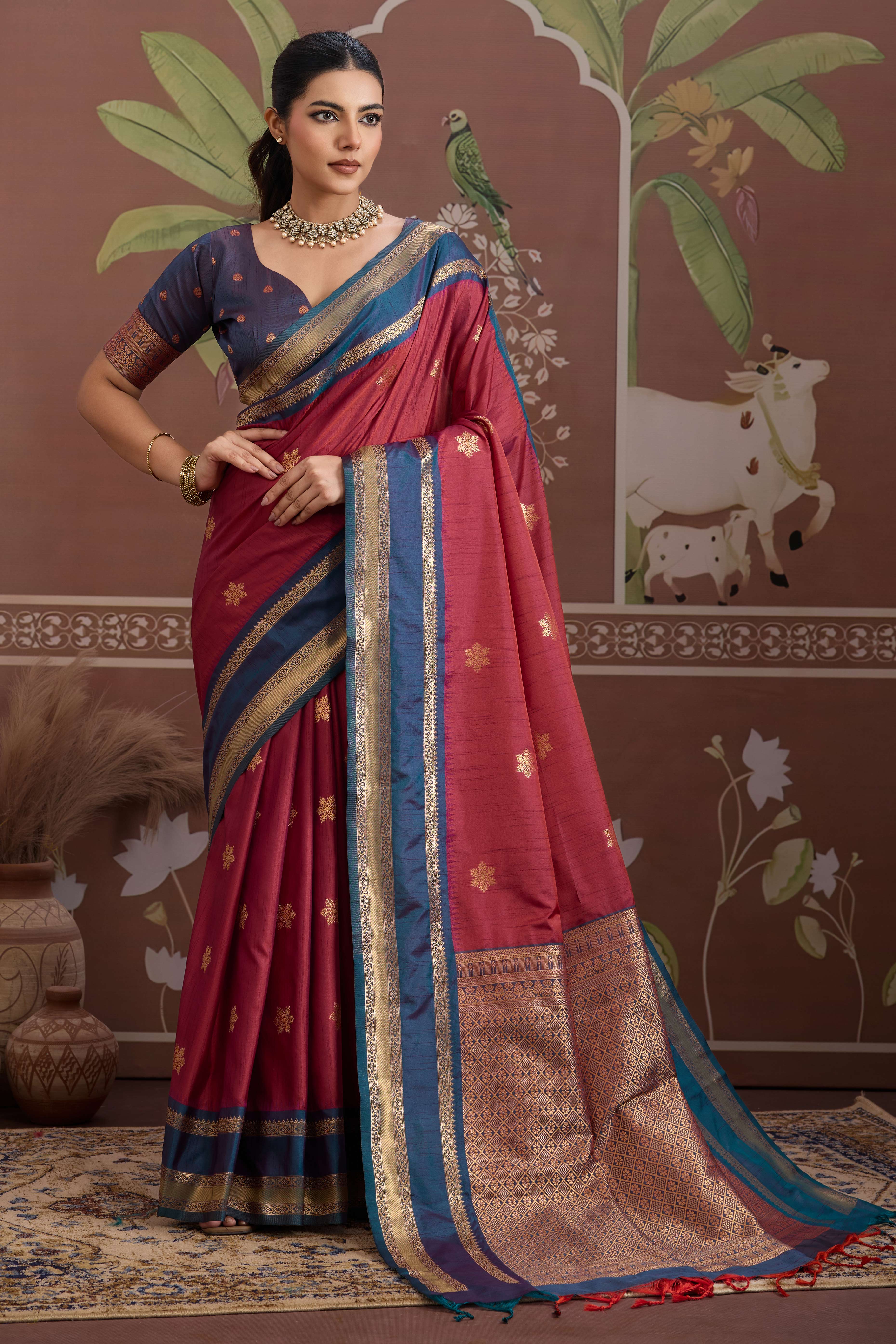 Luxury Style Maroon Saree in Silk Blend with Intricate Zari Work
