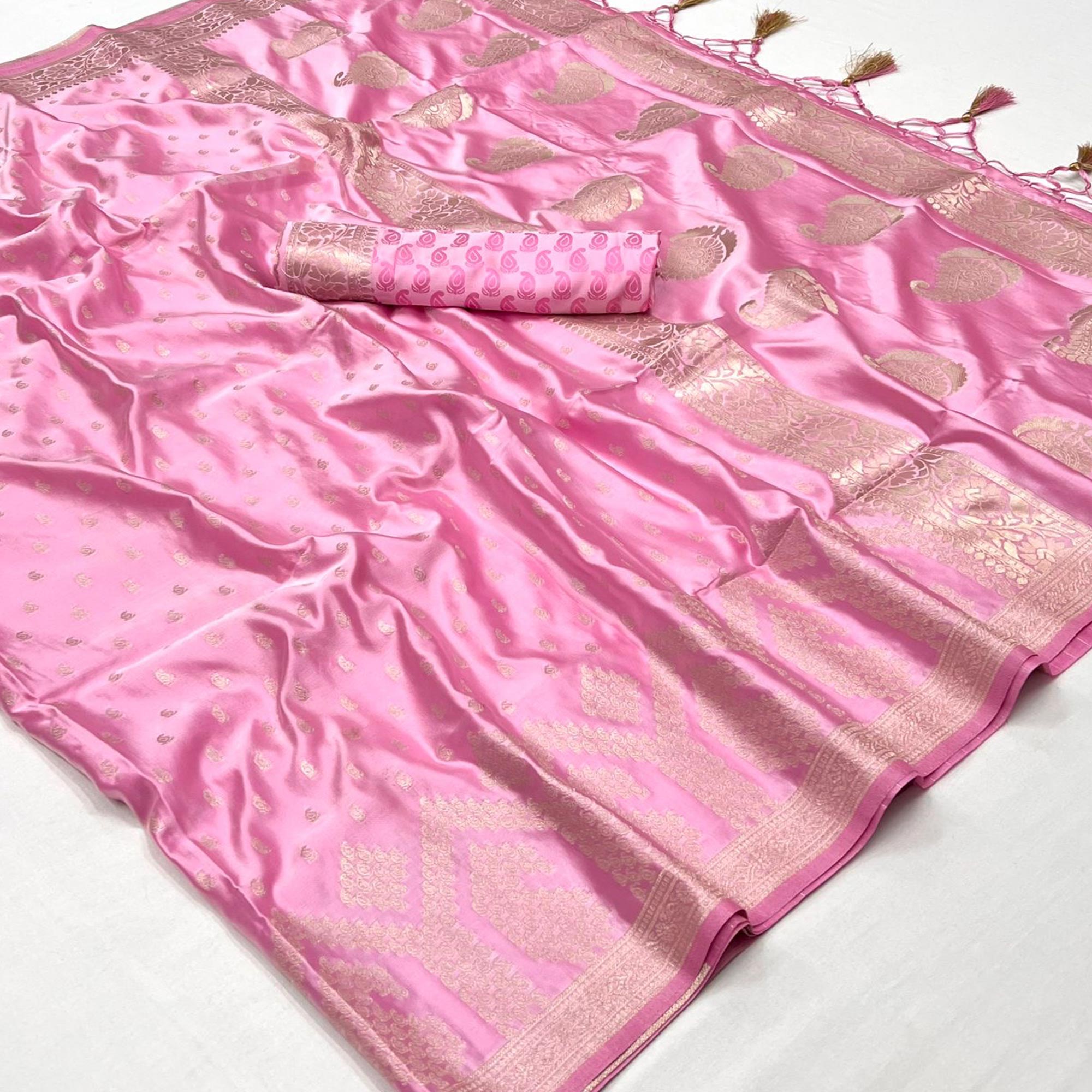 Baby Pink Woven Satin Saree With Tassels