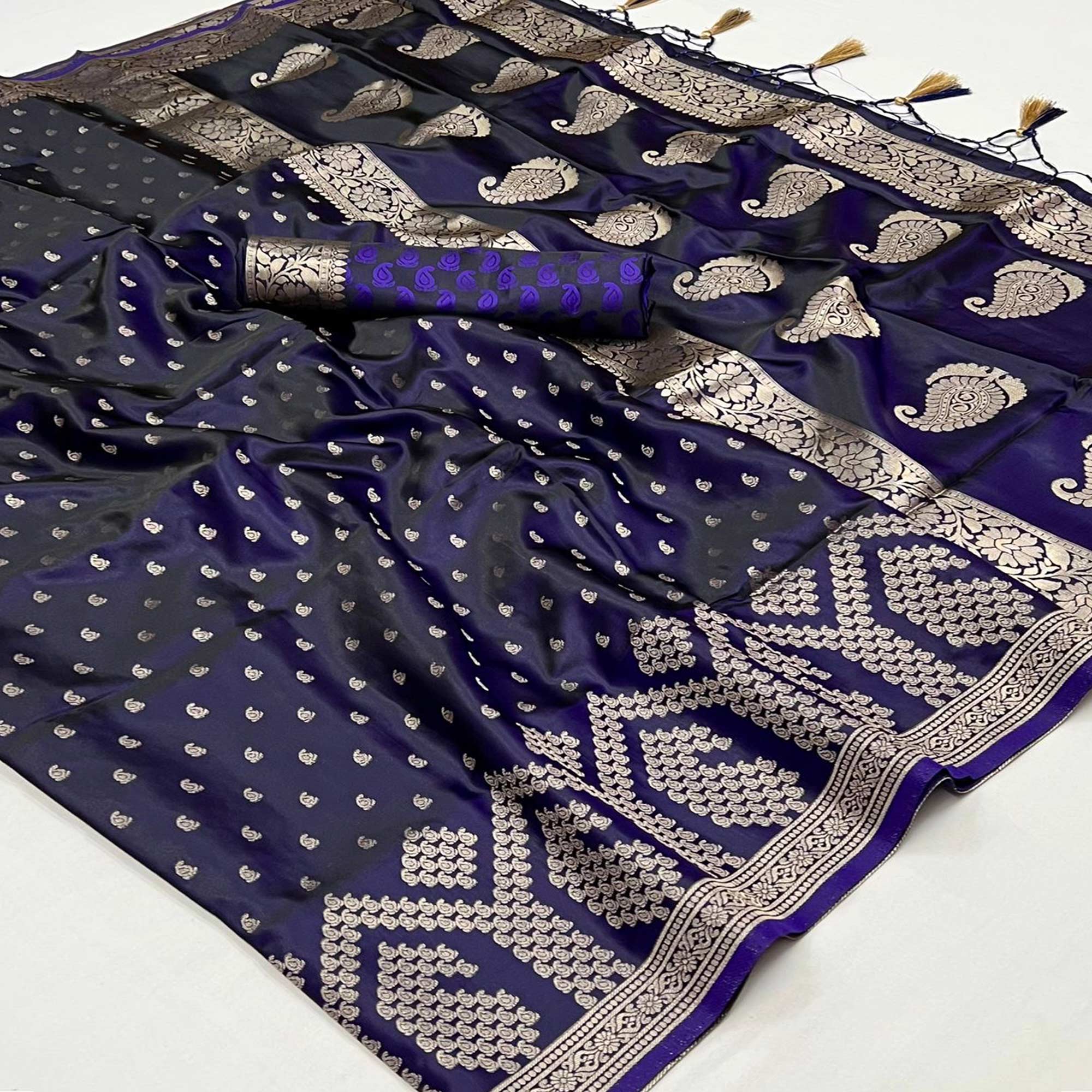 Royal Blue Woven Satin Saree With Tassels